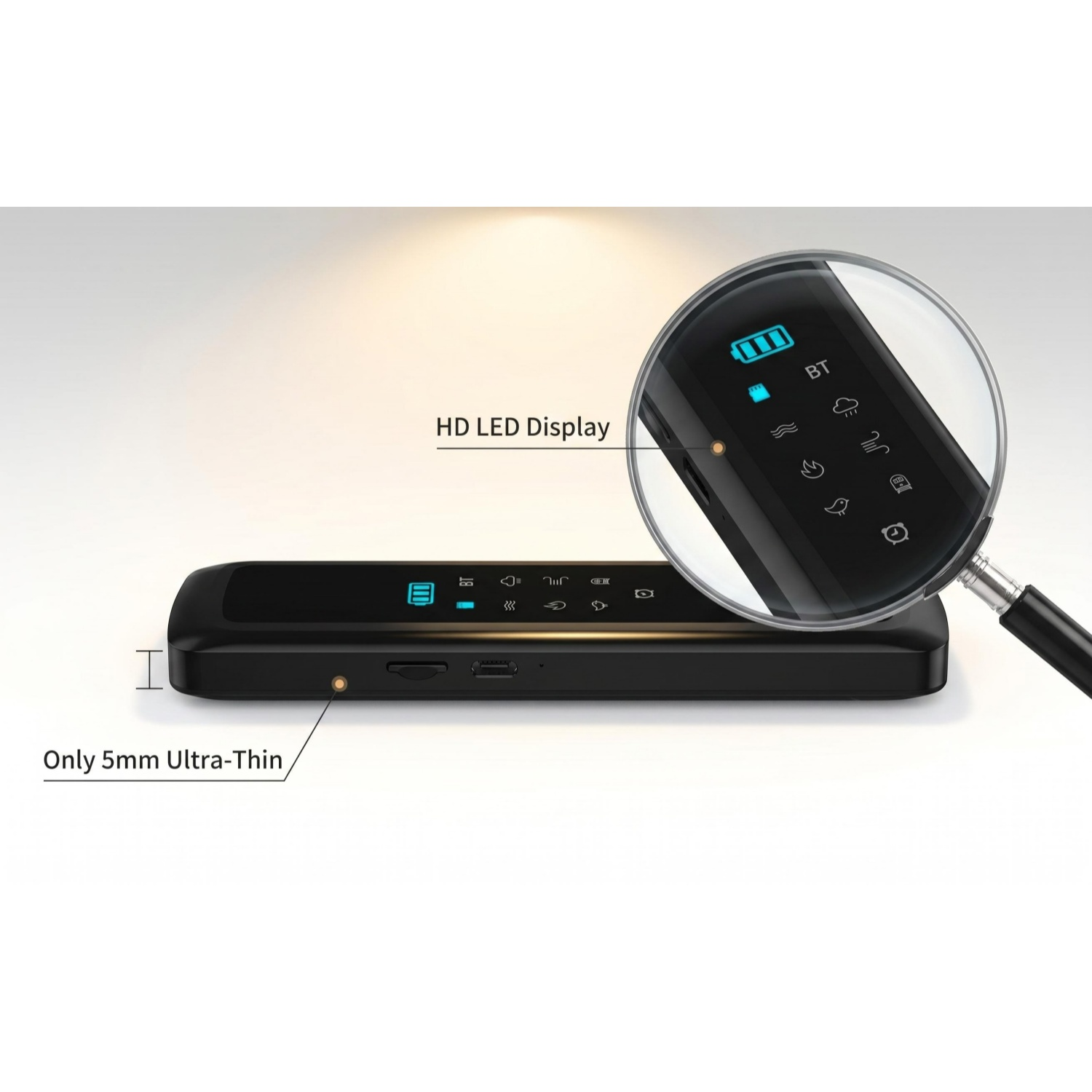 Schwarzes, ultra-dünnes Gerät mit HD-LED-Display und Lupe, die Symbole zeigt.