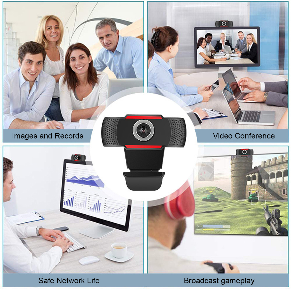 Collage einer Webcam für Bilder, Videokonferenzen, sichere Netzwerke und Gameplay.