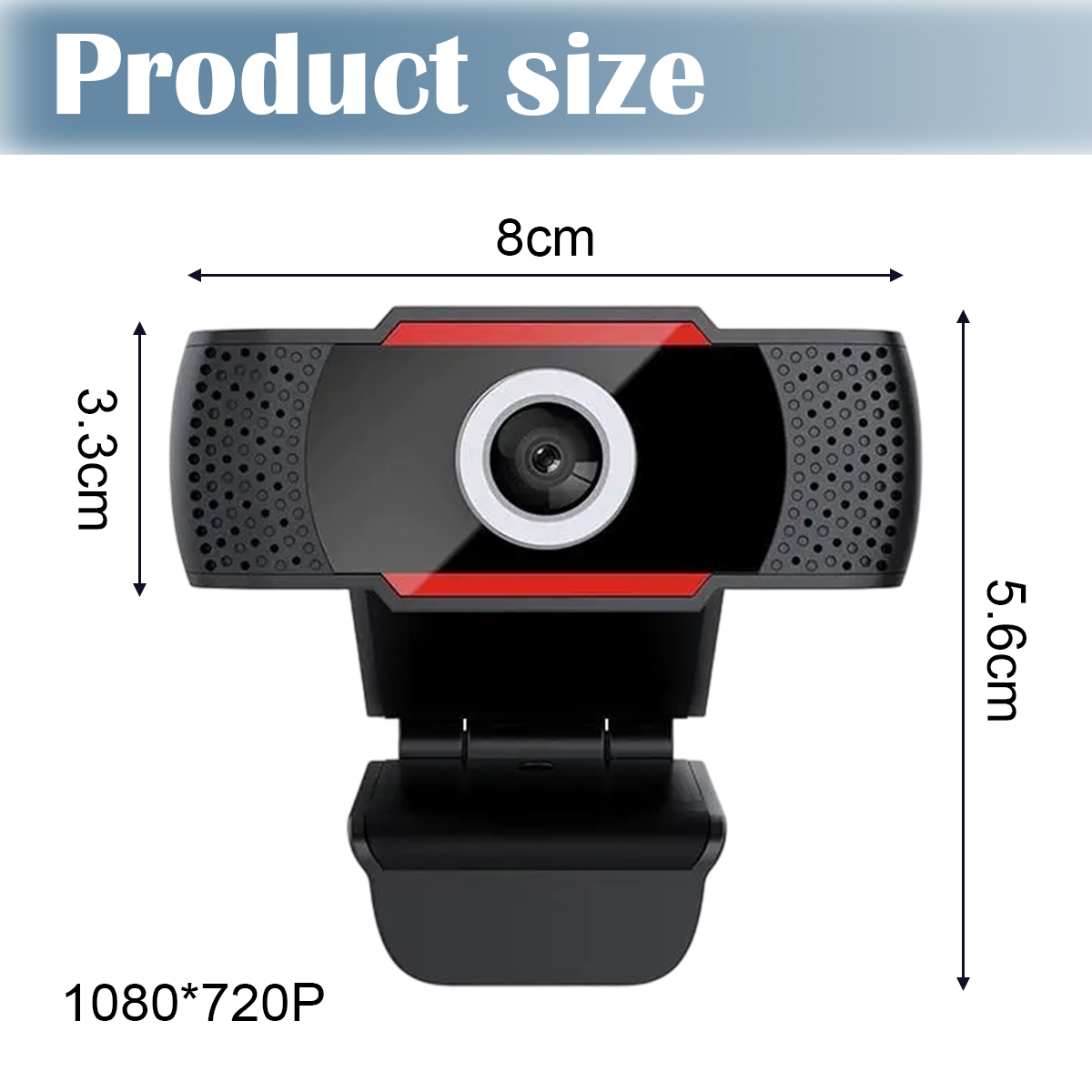 Webcam-Abmessungen: 8cm Breite, 3,3cm Höhe, 5,6cm Tiefe. 1080x720P Auflösung.