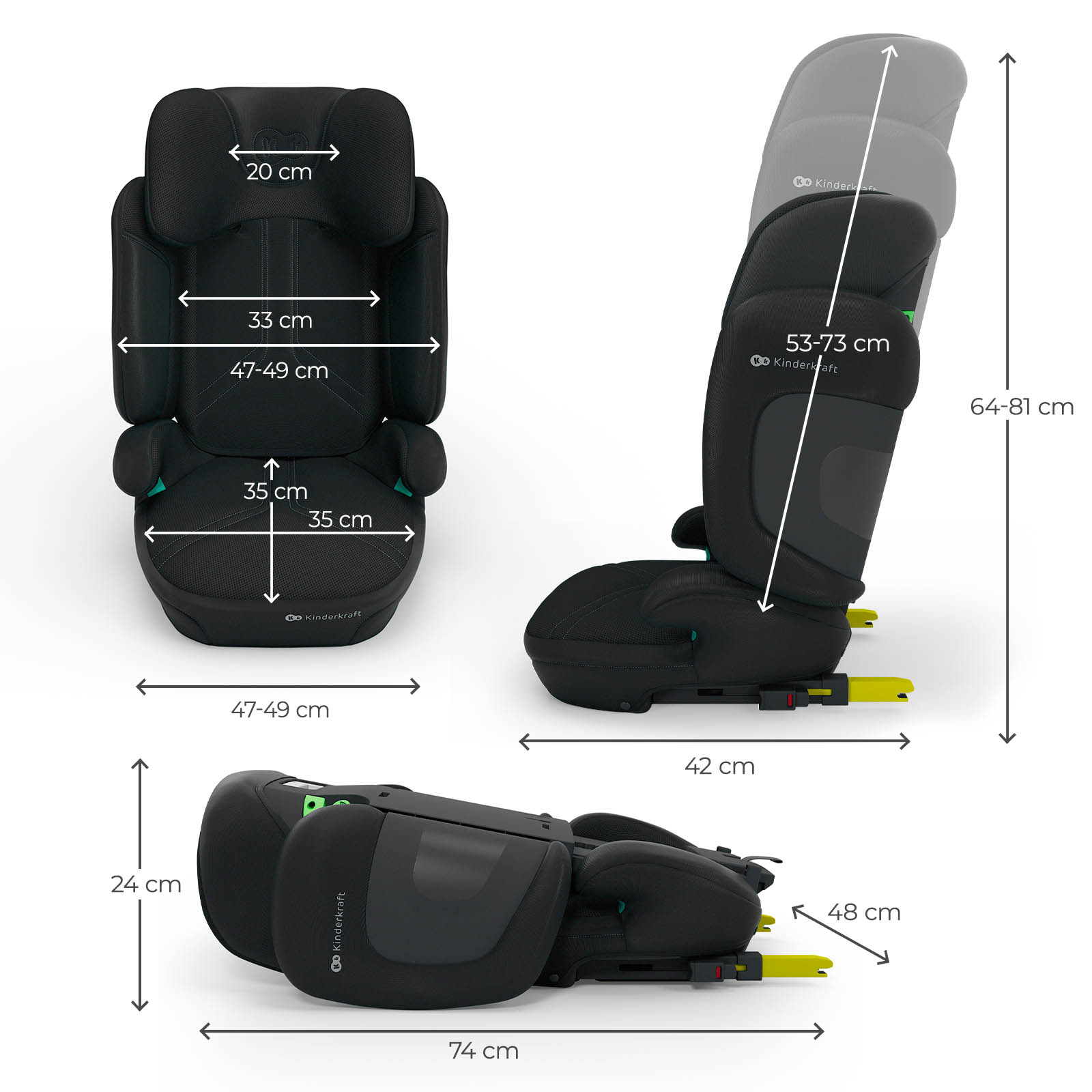 Asiento infantil negro con dimensiones: alto 64-81cm, ancho 47-49cm.