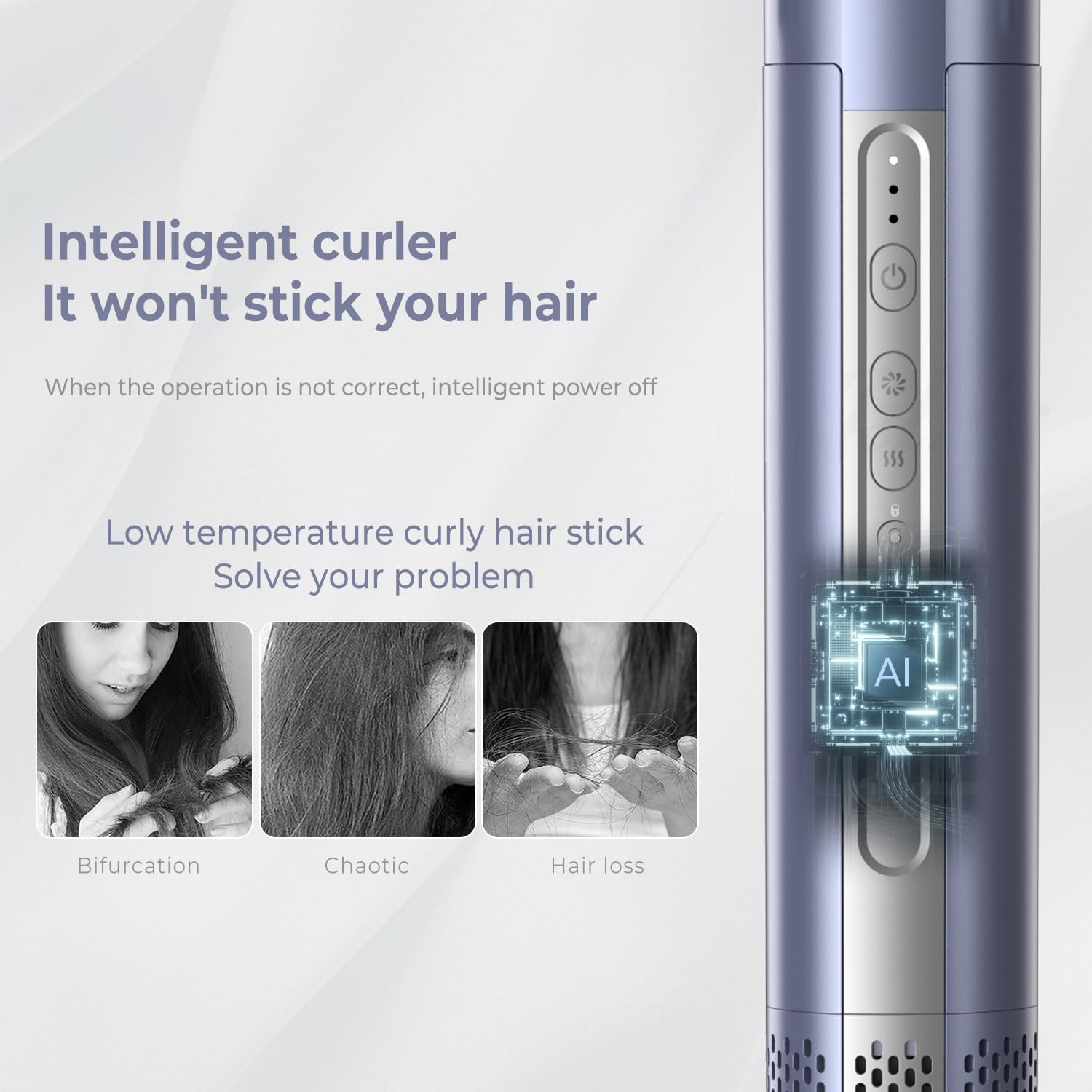 Lila intelligenter Haarstyler mit KI-Chip, zeigt Haar-Spliss, chaotisches und Haarausfall.