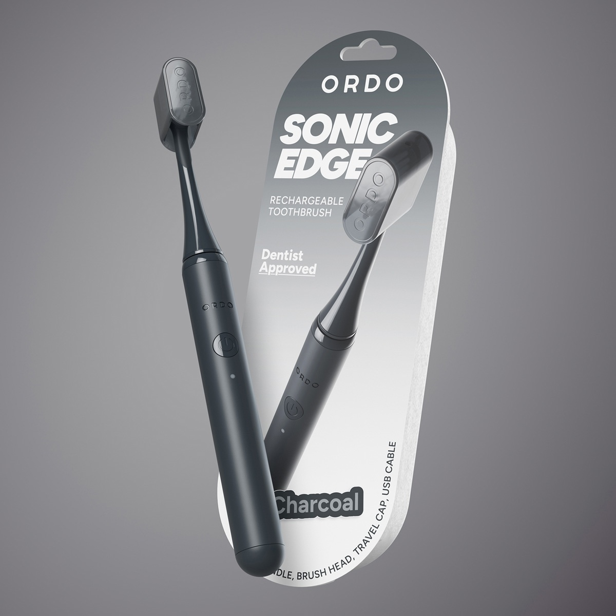 Ein dunkles Ordo Sonic Edge wiederaufladbares Zahnbürstenpaket mit zwei Bürstenköpfen.