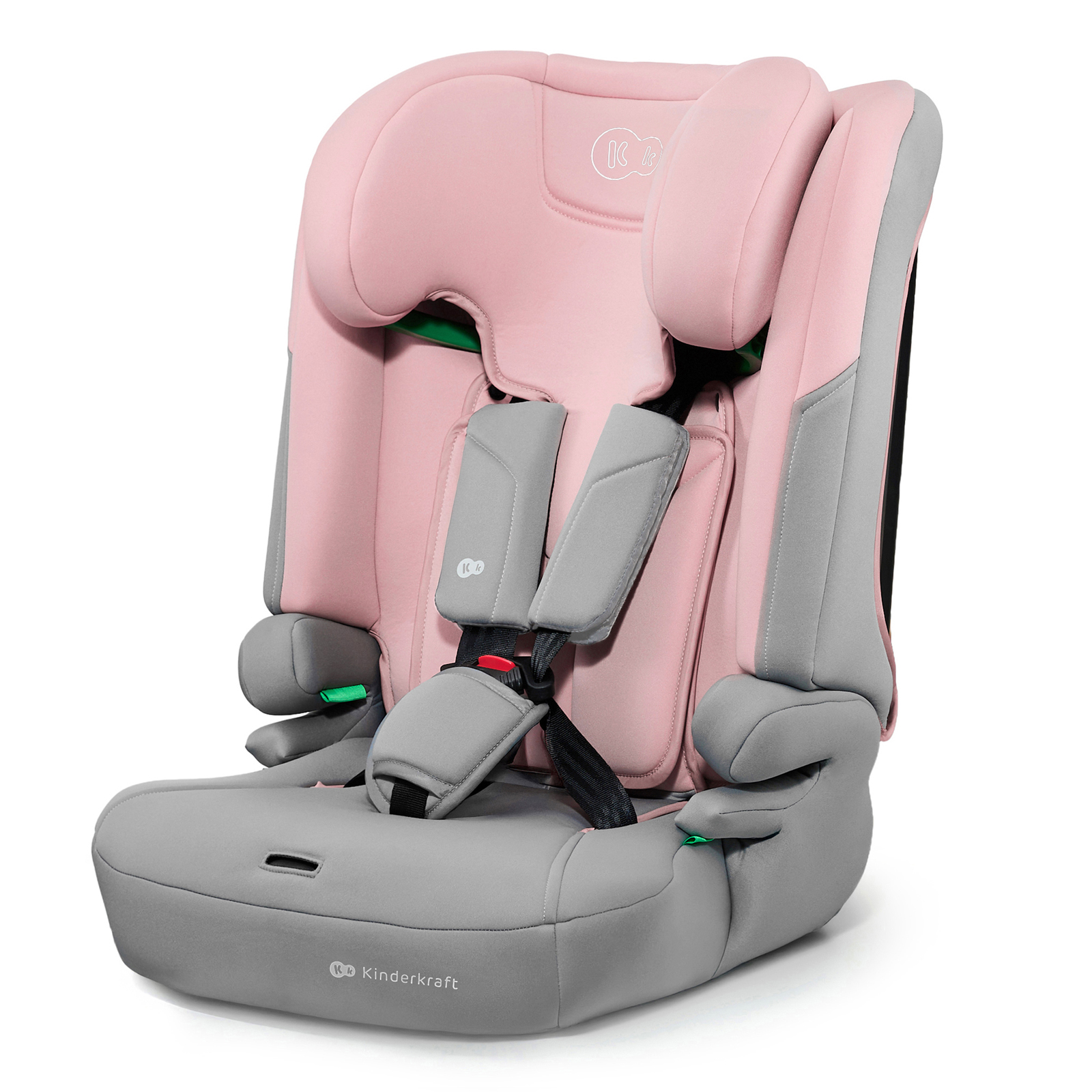 Ein rosafarbener Kindersitz mit grauen Akzenten und Gurten.
