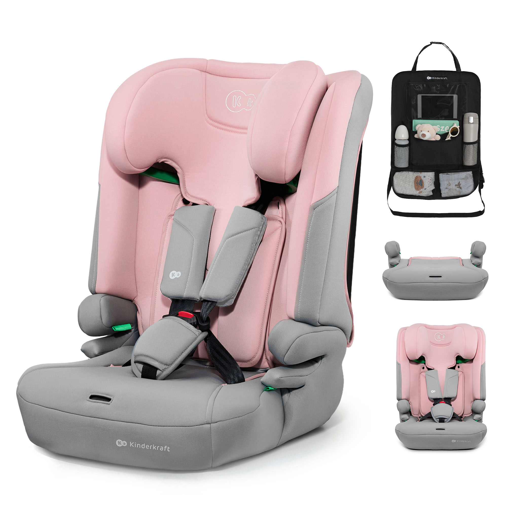 Ein rosa und grauer Kindersitz mit zusätzlichen Zubehörteilen.
