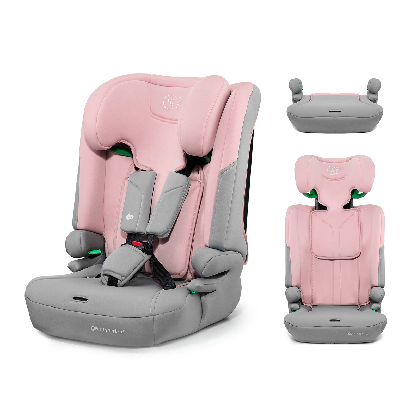 Ein rosa und grauer Kindersitz mit Gurten und Kopfstütze.