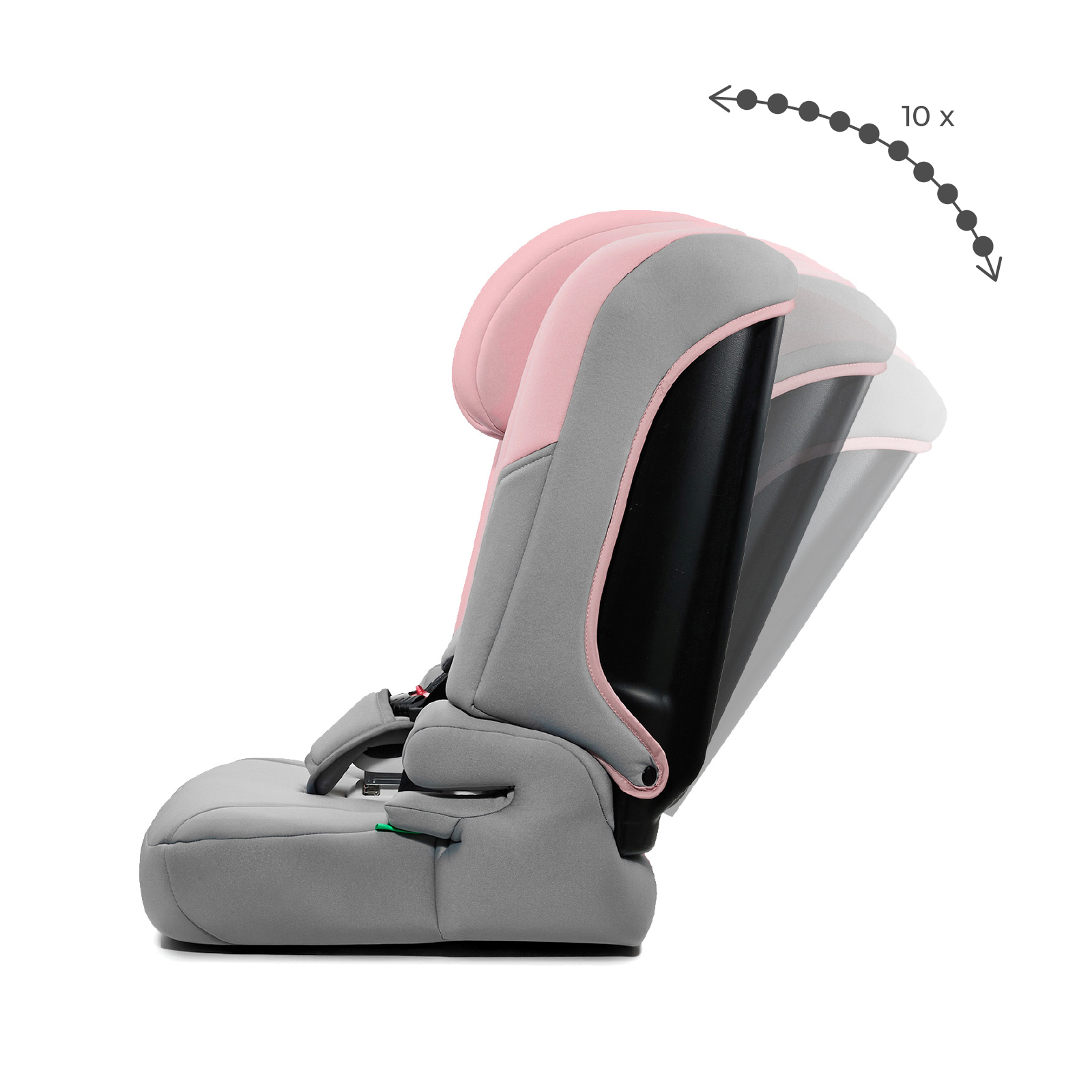 Grauer Kindersitz mit rosa Akzenten, verstellbare Rückenlehne.