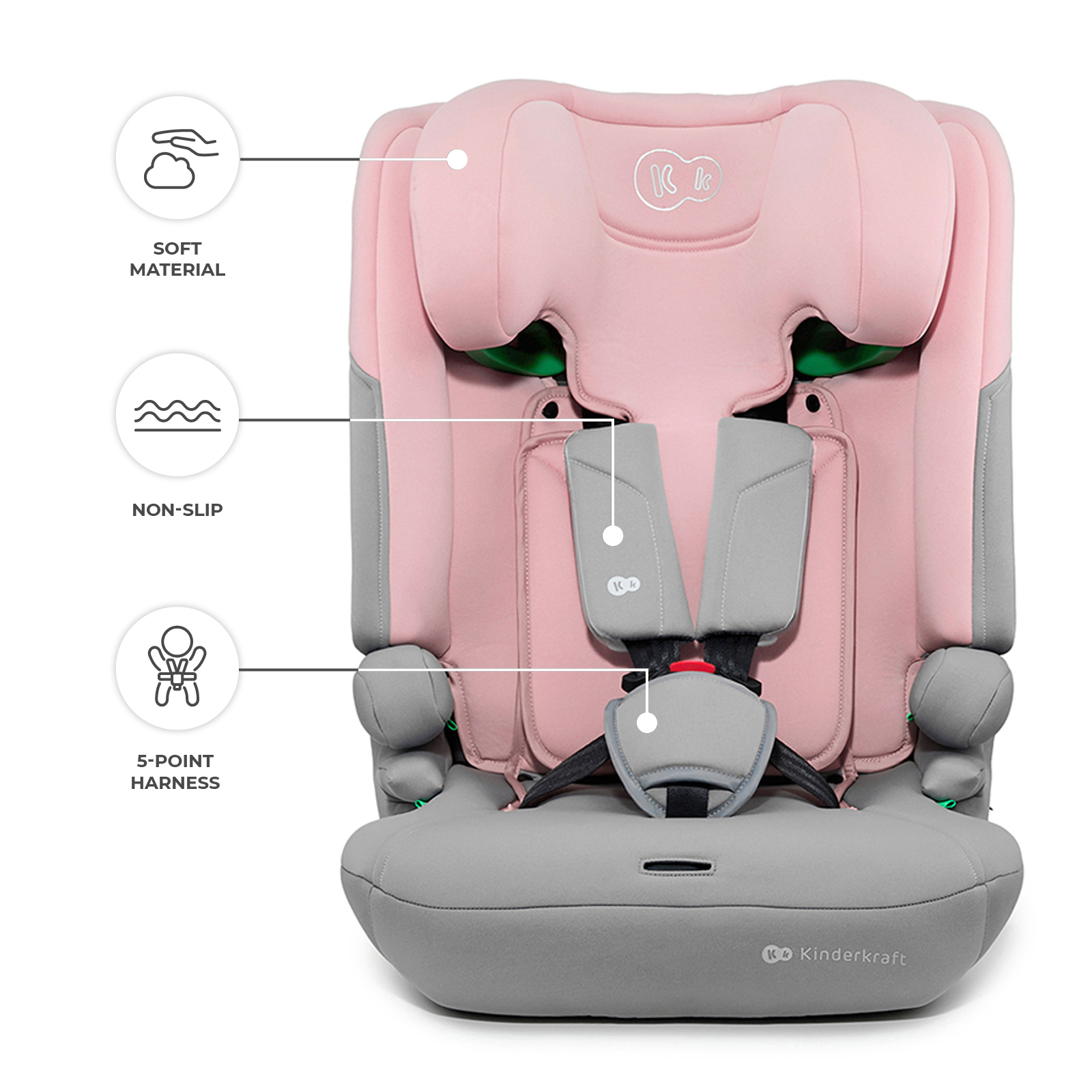 Rosa und grauer Kindersitz mit Weichmaterial, rutschfest und 5-Punkt-Gurt.