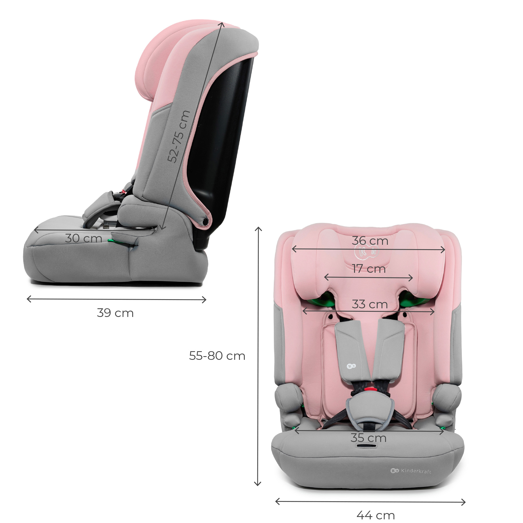 Silla de auto gris y rosa con medidas: 30x39cm, 52-75cm alto, 55-80cm.