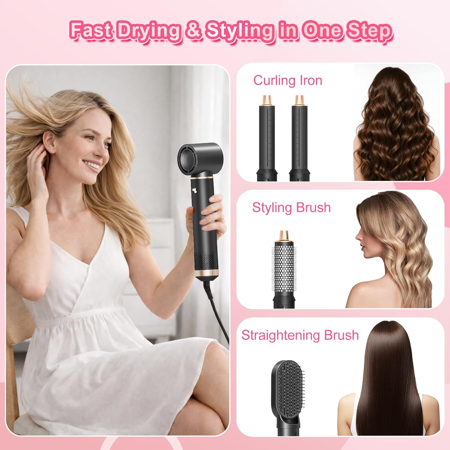 Frau mit Haartrockner und Styling-Aufsätzen: Lockenstab, Stylingbürste, Glättbürste.