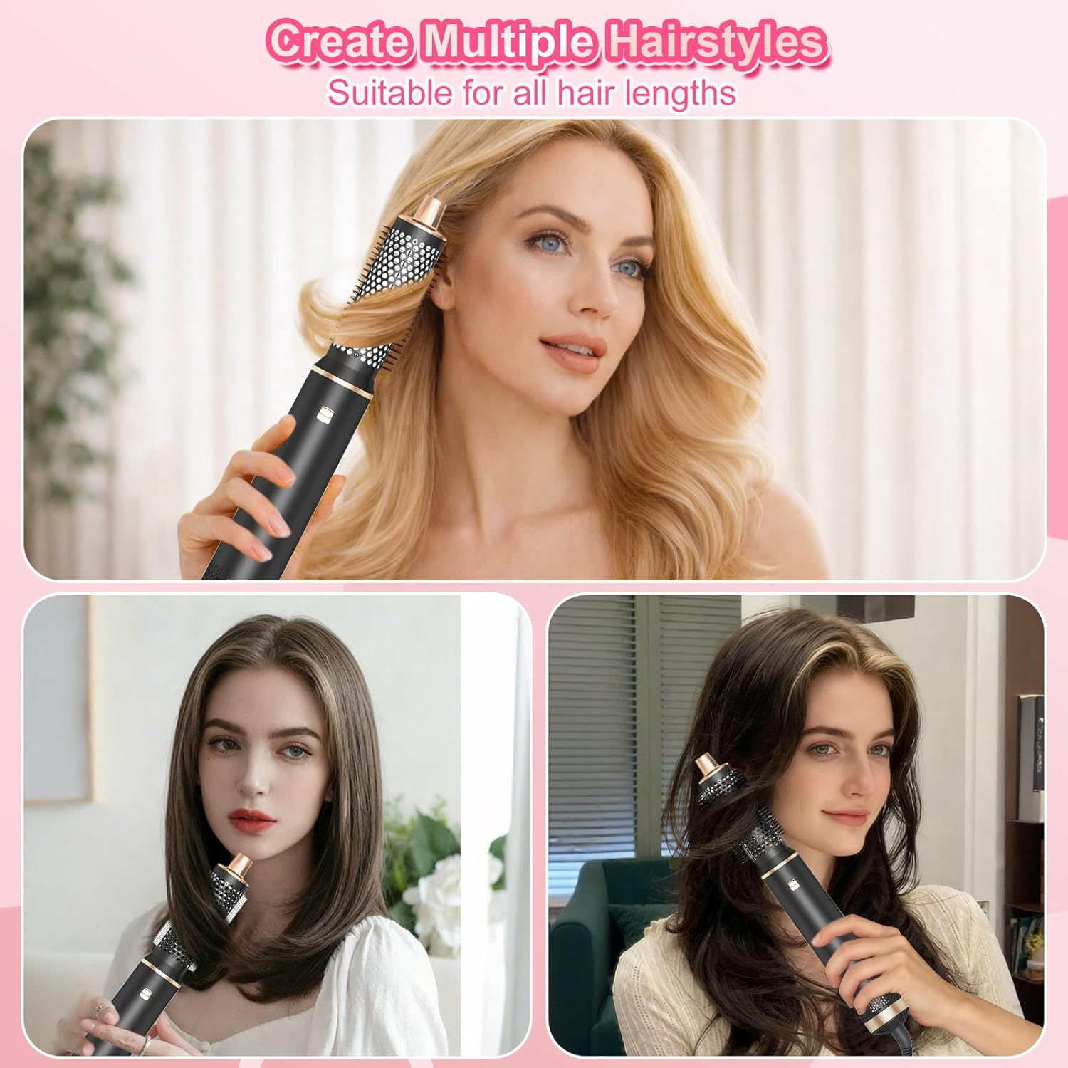 Drei Frauen stylen Haare mit einer schwarzen Heißluftbürste. Oben blonde Frau.