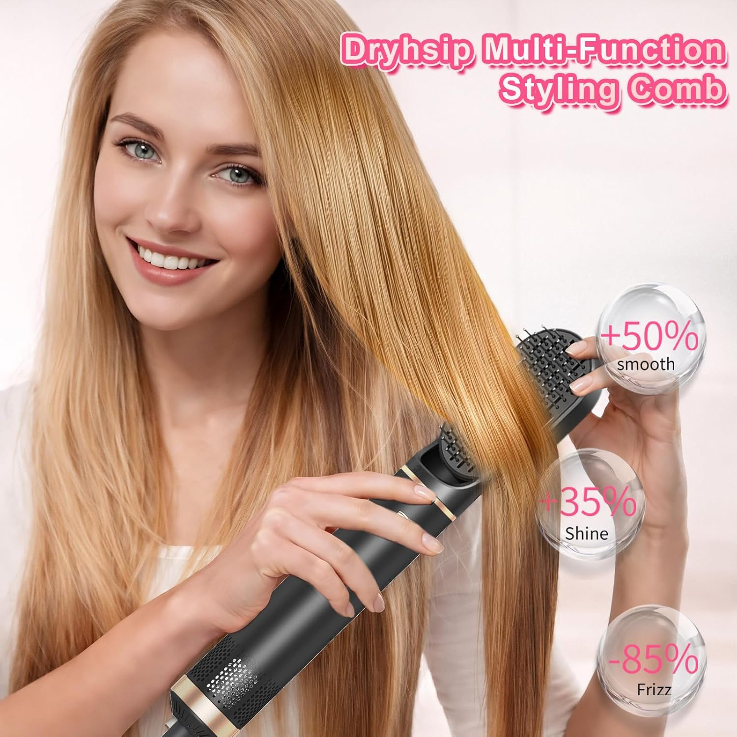 Frau mit einem Kamm-Stylinggerät für glattes, glänzendes Haar mit weniger Frizz.