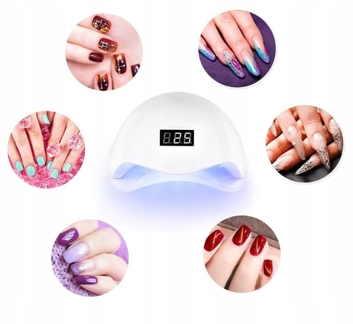 Ein UV-Nagellacktrockner mit mehreren Beispielnägeln in verschiedenen Designs.