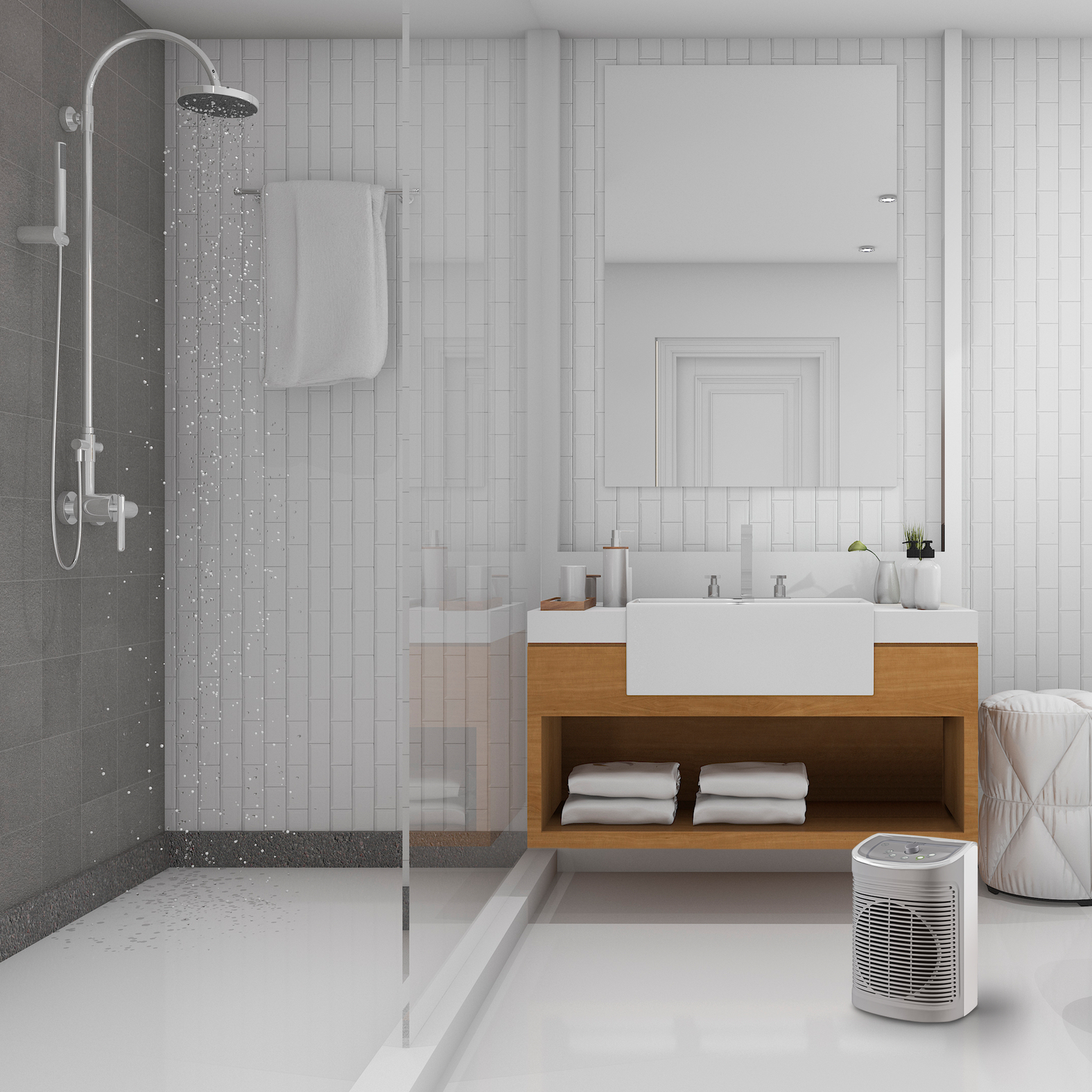 Modernes Badezimmer mit Duschkabine, Waschbecken und Heizkörper.