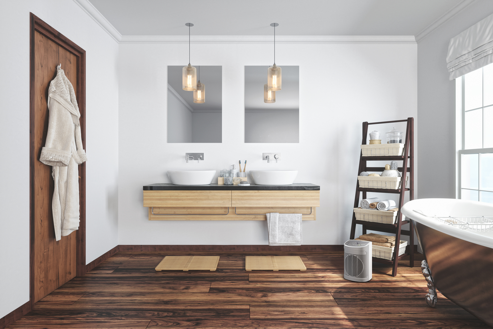 Badezimmer mit Doppelwaschbecken, Holzboden, Badewanne und Regal.