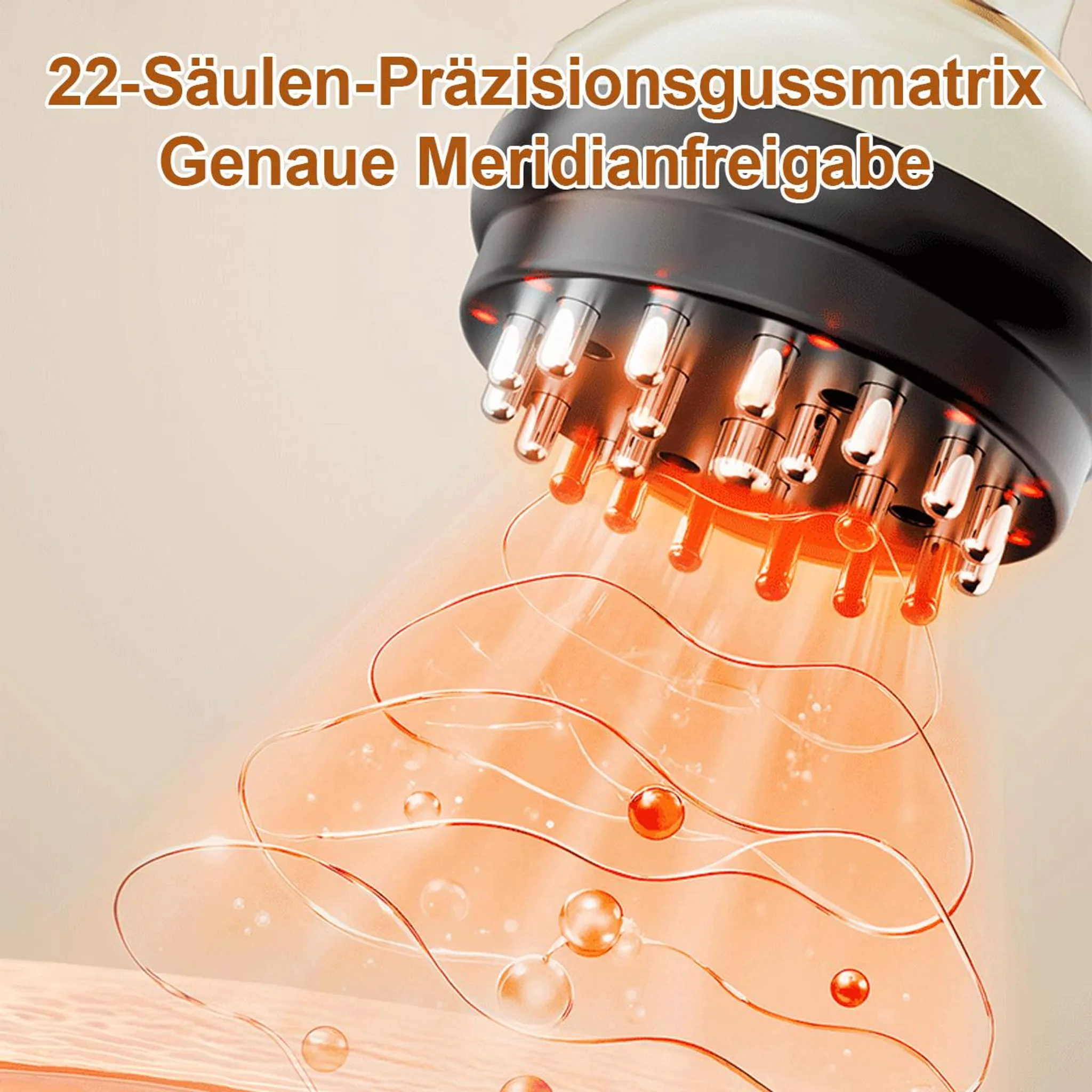 Ein Massagegerät mit 22 Stiften, das orangefarbene Flüssigkeit abgibt.