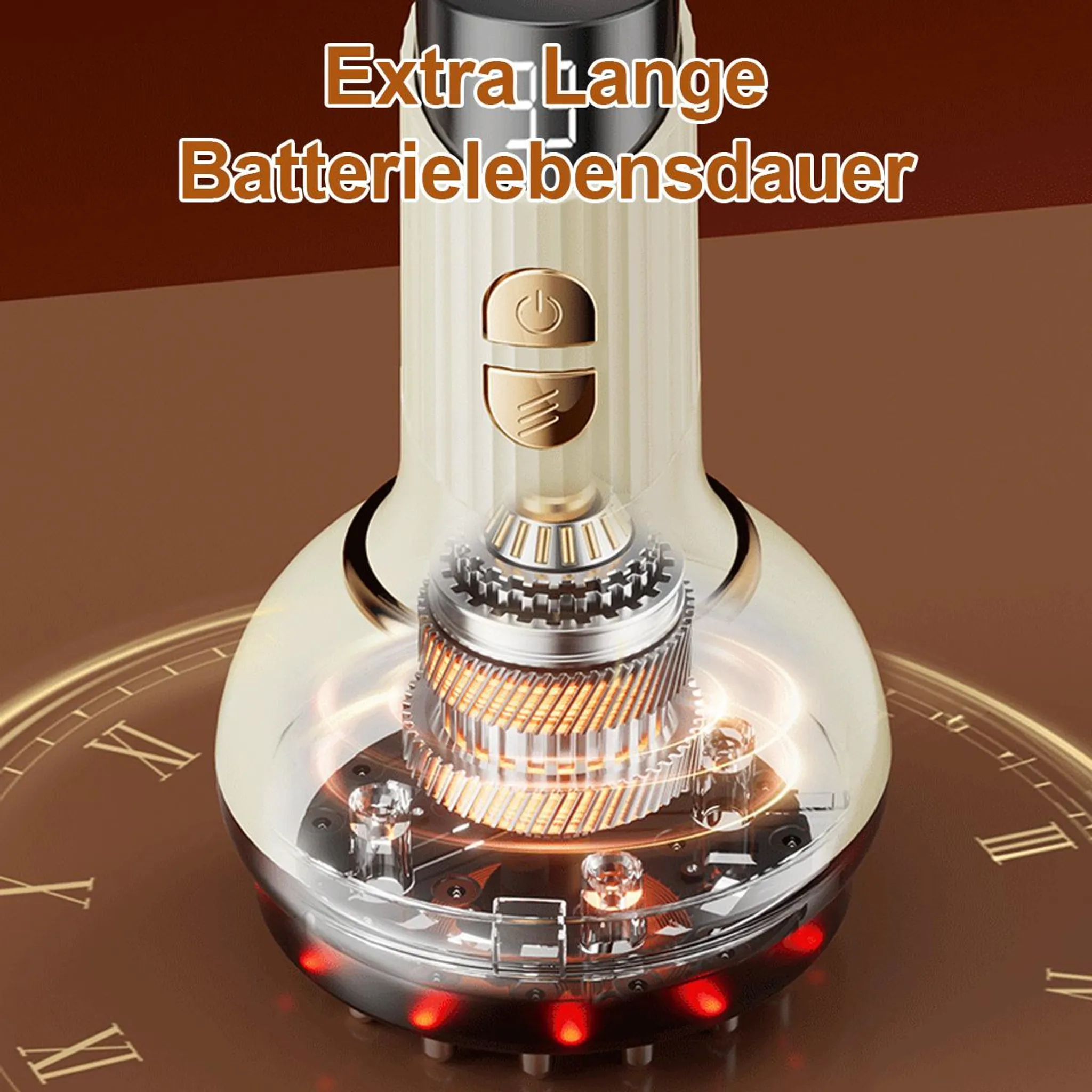 Ein transparenter Haarschneider mit sichtbarem Getriebe und roten Lichtern.
