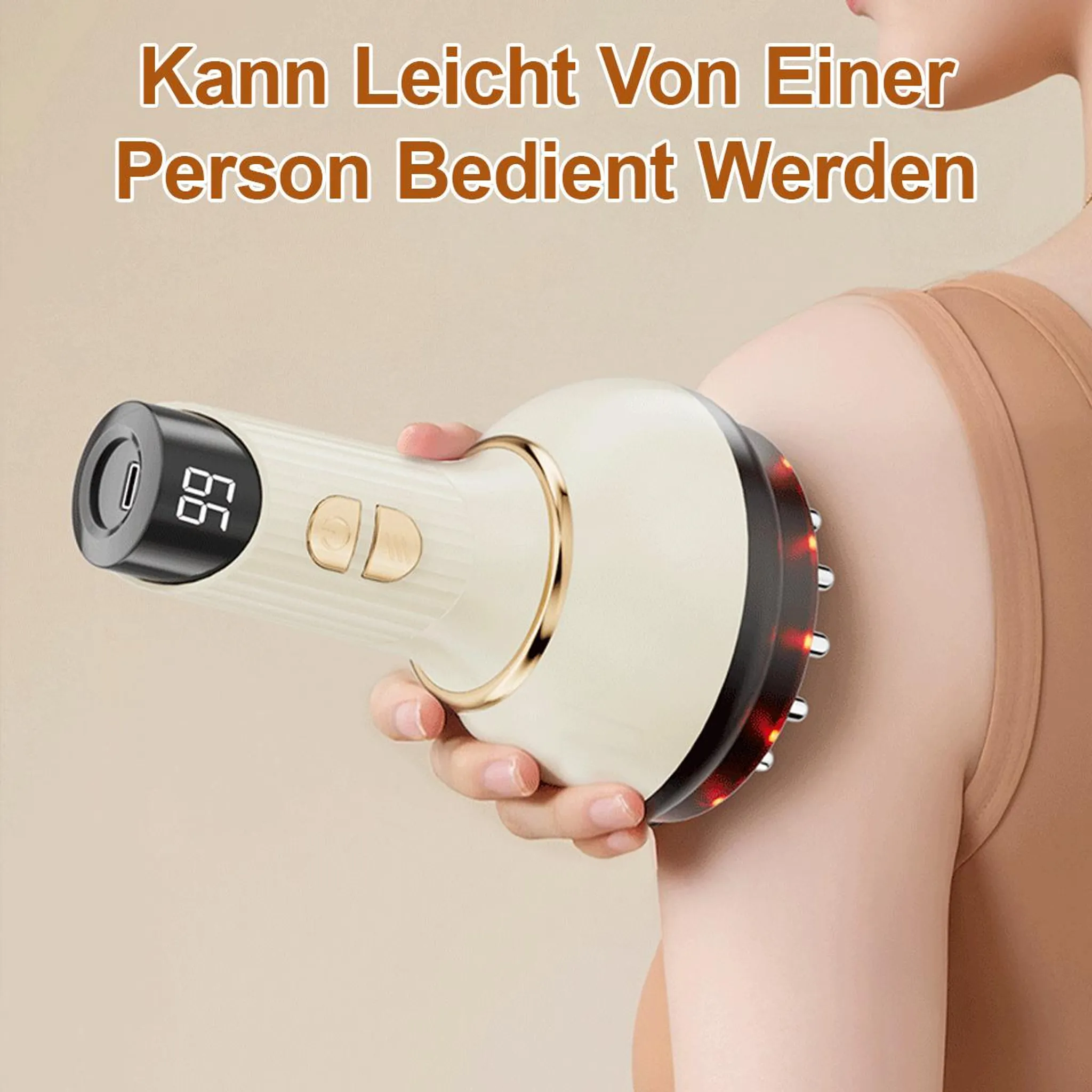 Ein beiger Massagegriff mit roten Lichtern wird von einer Hand gehalten.