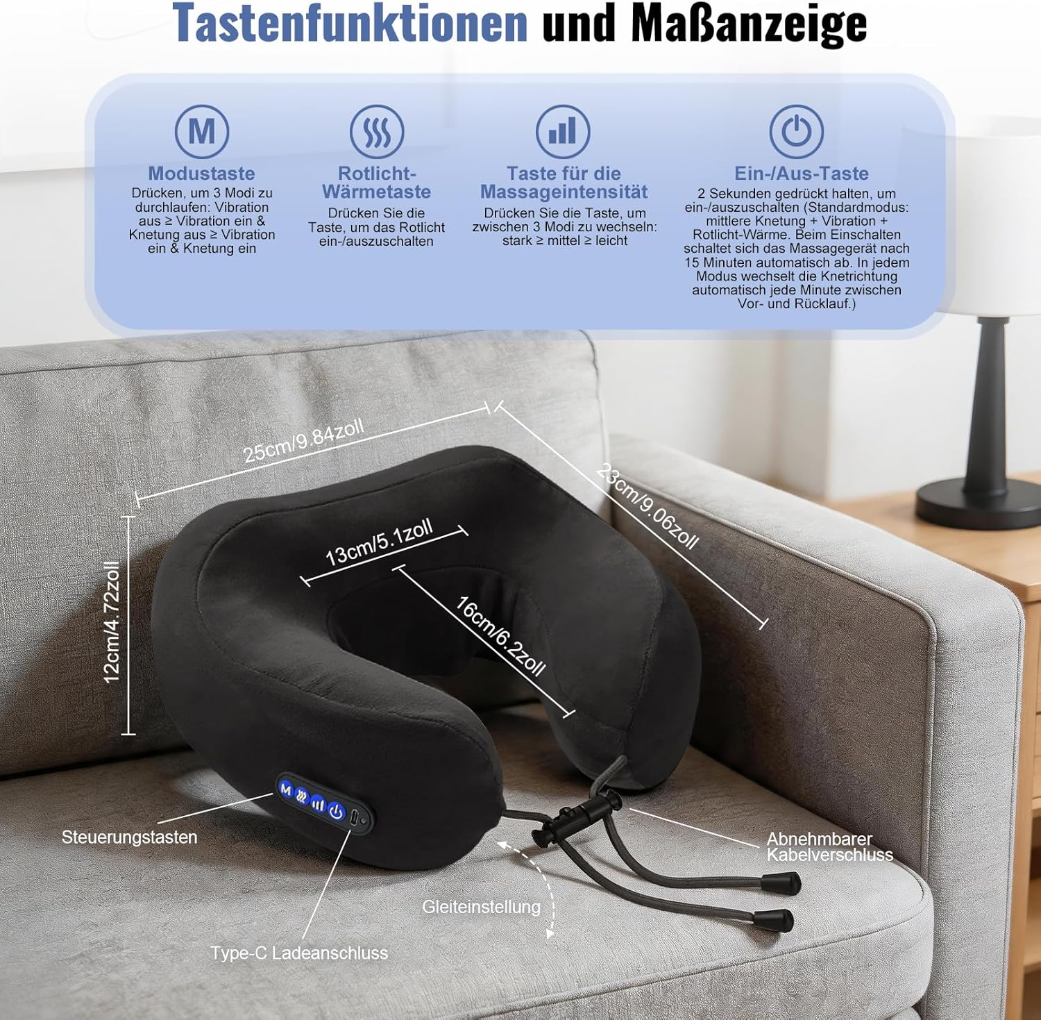 Schwarzes Nackenkissen mit Bedienelementen und Größenangaben auf einem Sofa.