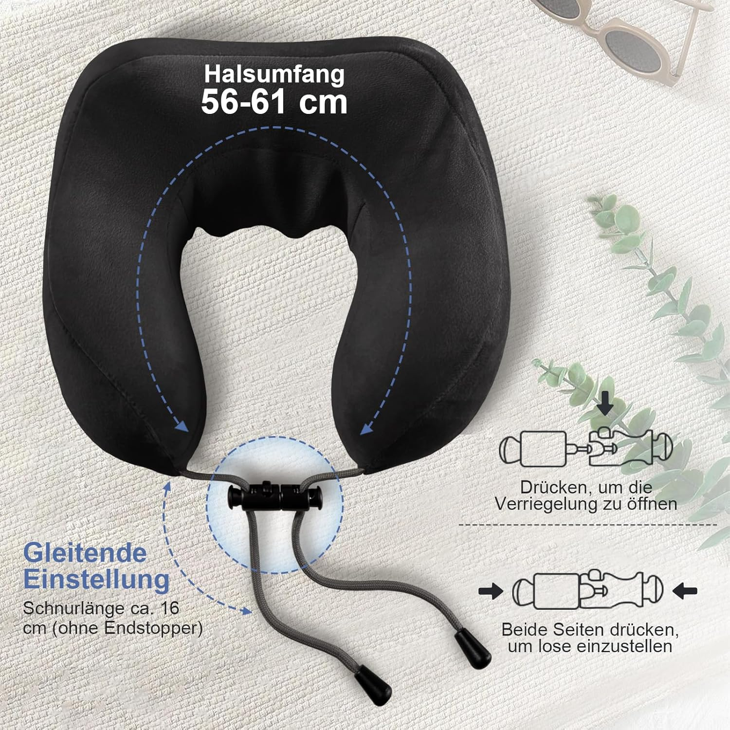 Schwarzes Nackenkissen mit Verstellmechanismus und Größenangaben.