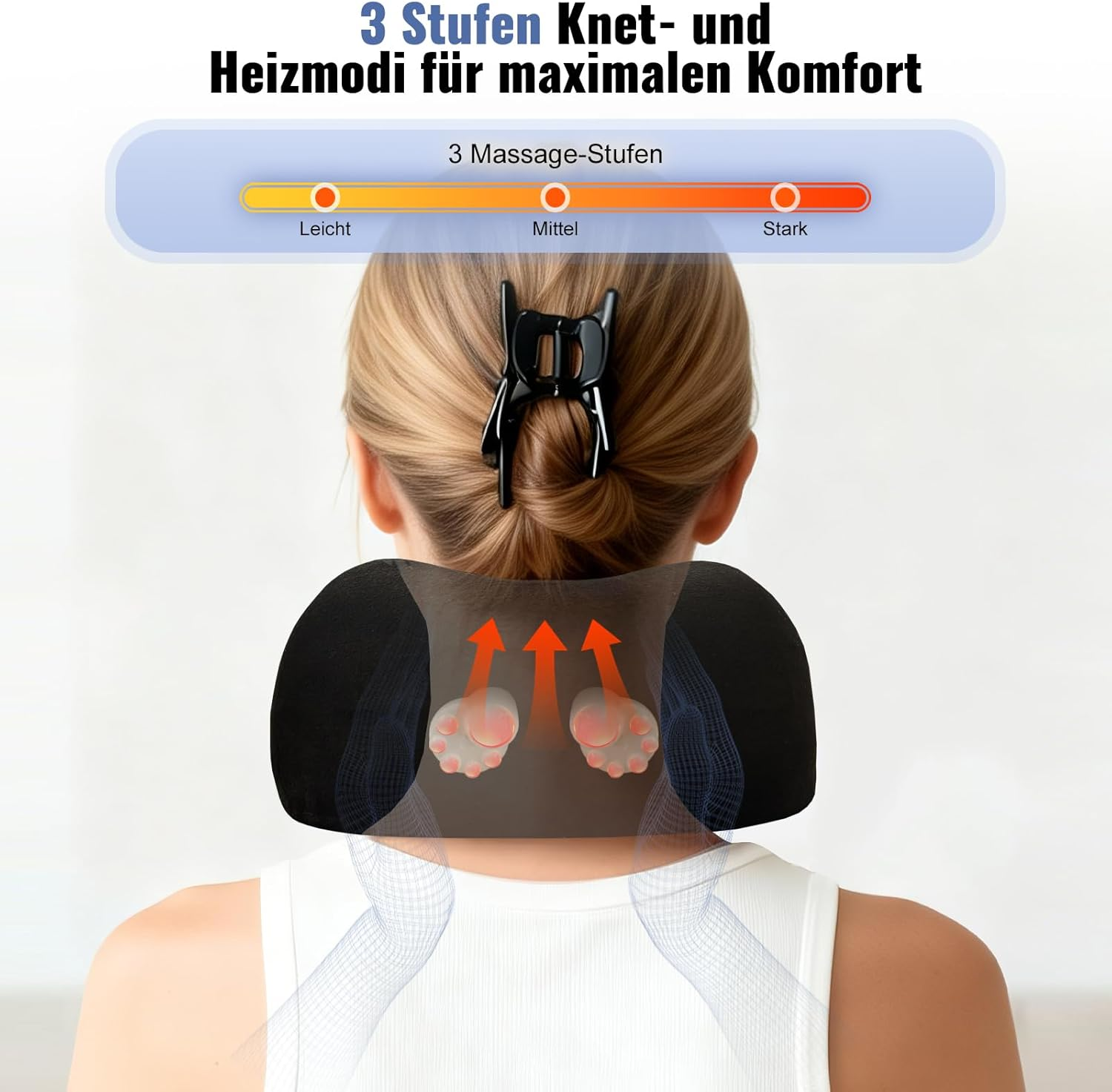 Person mit Nackenkissen, das 3 Massage-Stufen anzeigt: Leicht, Mittel, Stark.