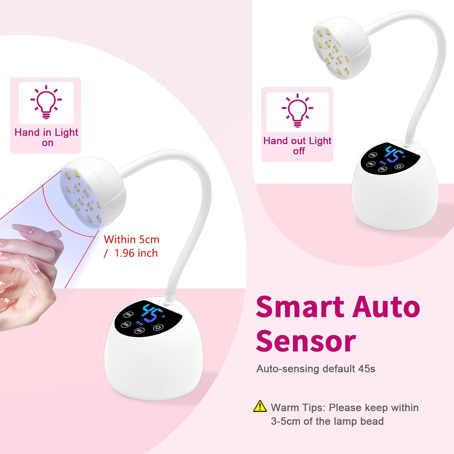 Weiße UV-Lampe mit Digitalanzeige und LED-Leuchten. Hand im Licht an, Hand aus Licht aus.