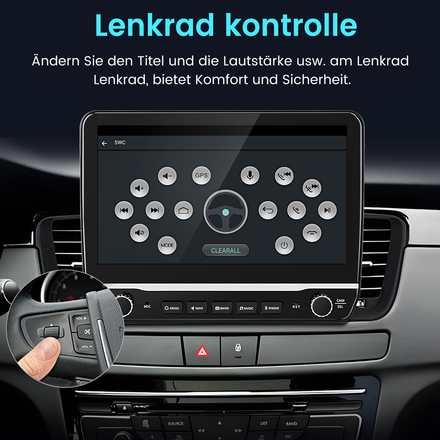 Ein Finger bedient ein Lenkrad-Display mit Symbolen für Navigation, Musik und Telefon.