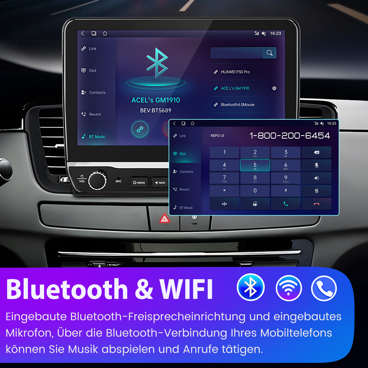 Das Bild zeigt ein Auto-Infotainmentsystem mit Bluetooth- und WLAN-Funktionen. Auf dem Bildschirm sind ein Dialer und verbundene Geräte zu sehen.
