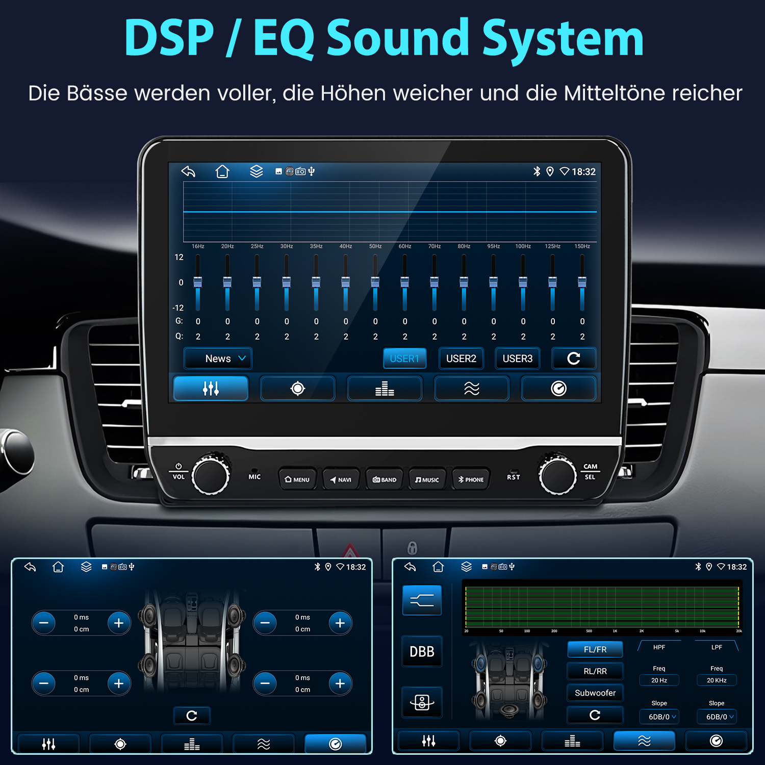 Ein Auto-Infotainmentsystem mit EQ-Einstellungen und Fahrzeug-Audio-Layouts.
