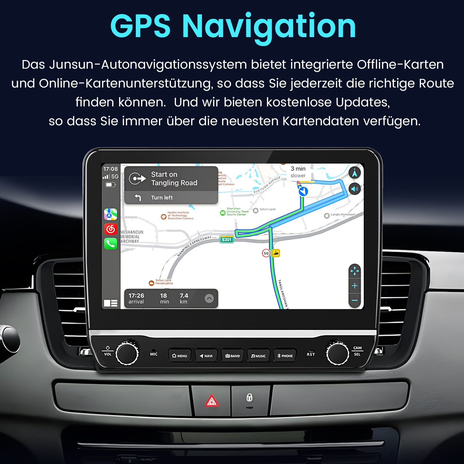 Ein Auto-Navigationssystem mit Karte zeigt die Route an. Bedientasten sind sichtbar.