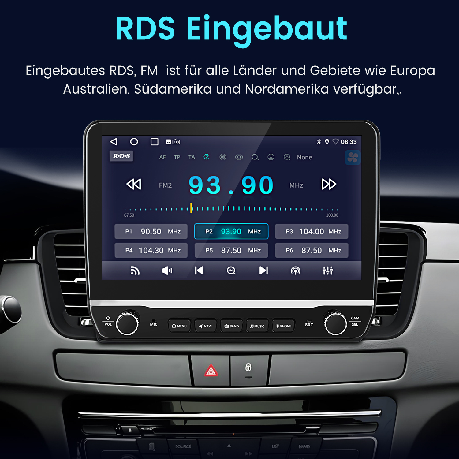 Autoradio mit RDS-Anzeige. Zeigt FM2 93.90 MHz an. Vorne ist ein Lenkrad.