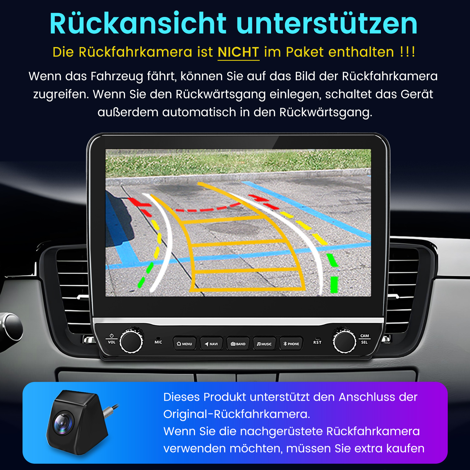 Autoradio mit Rückfahrkamera-Ansicht und separater Kamera.