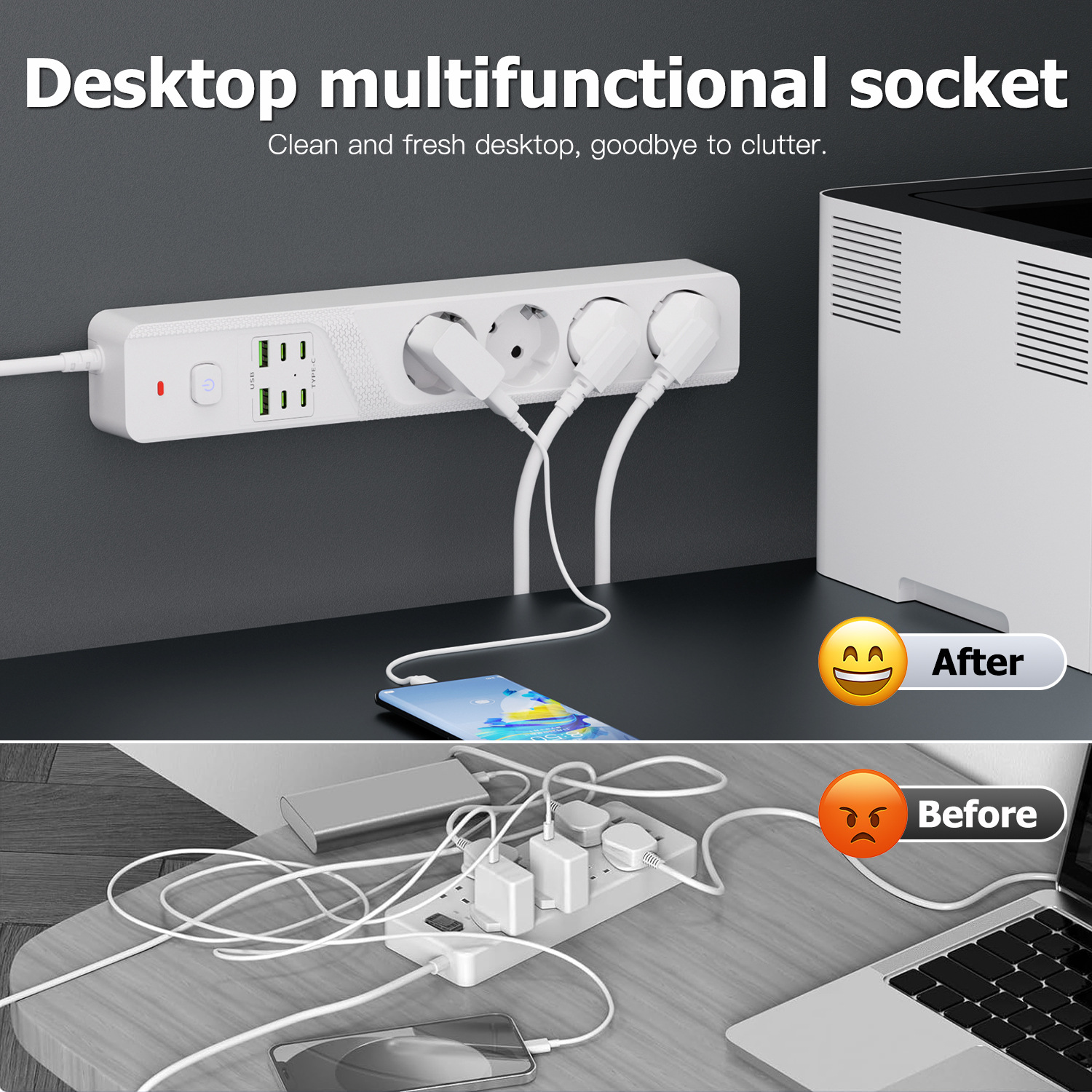 Ein weißer Mehrfachsteckdosenleiste mit USB-Anschlüssen und Stecker-Adaptern, daneben ein Computer.