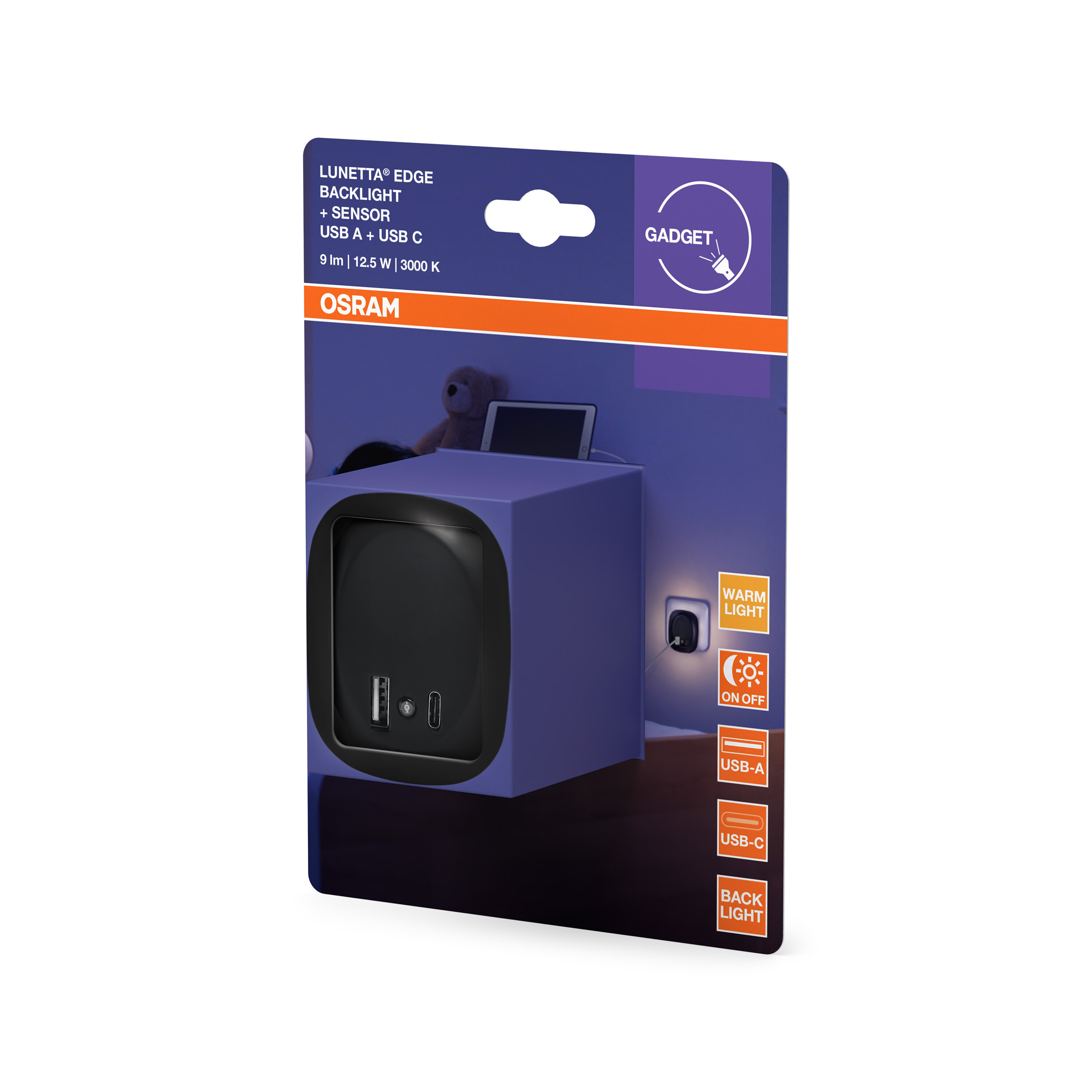 Osram Lunetta Edge: Blauer Würfel mit USB-A/C und Nachtlicht.