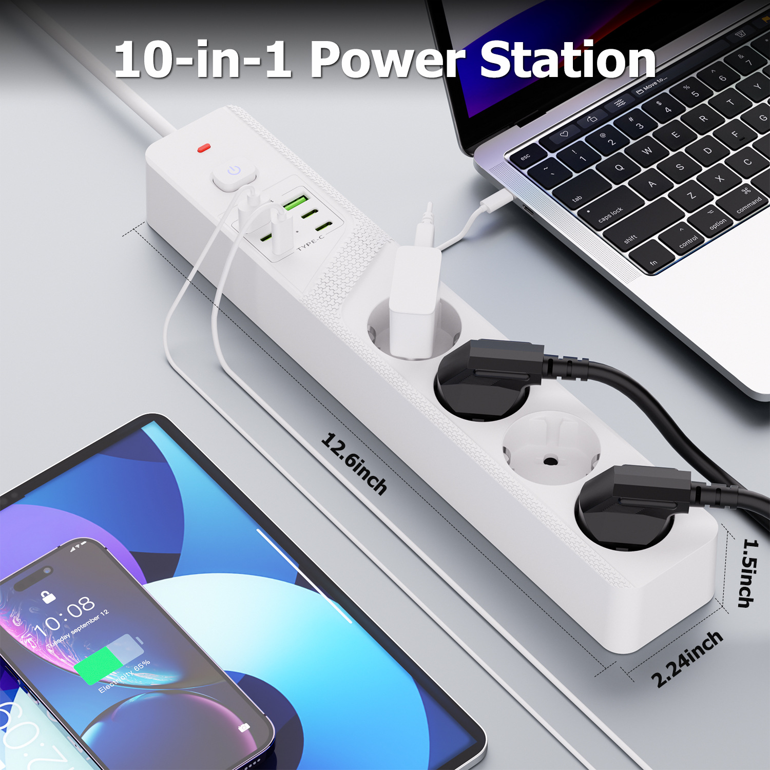 Eine weiße 10-in-1-Powerstation mit angeschlossenen Geräten, Laptops und Tablets.