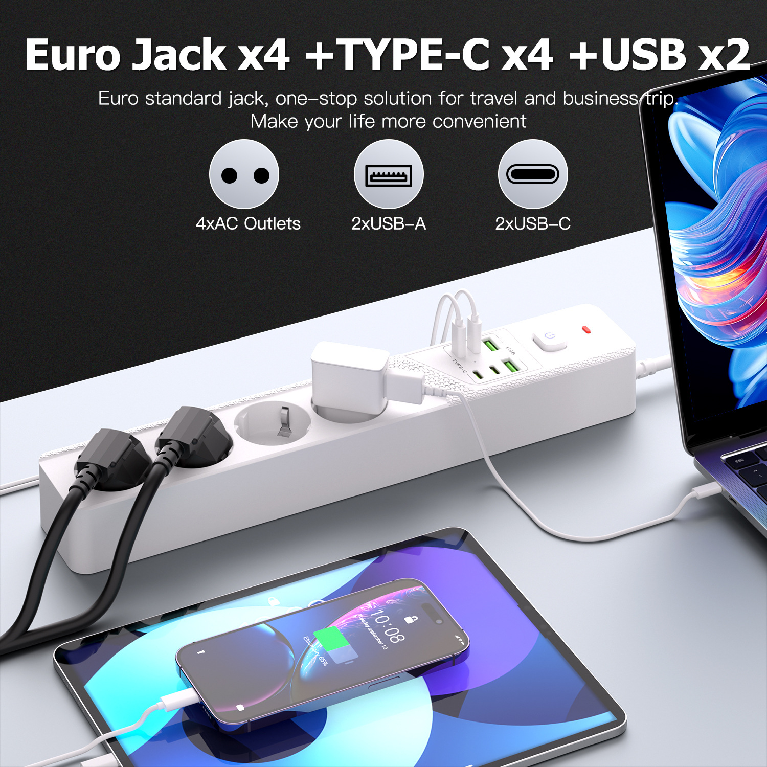 Weiße Steckdosenleiste mit USB-Anschlüssen, Laptop, Tablet und Handy-Ladegerät.