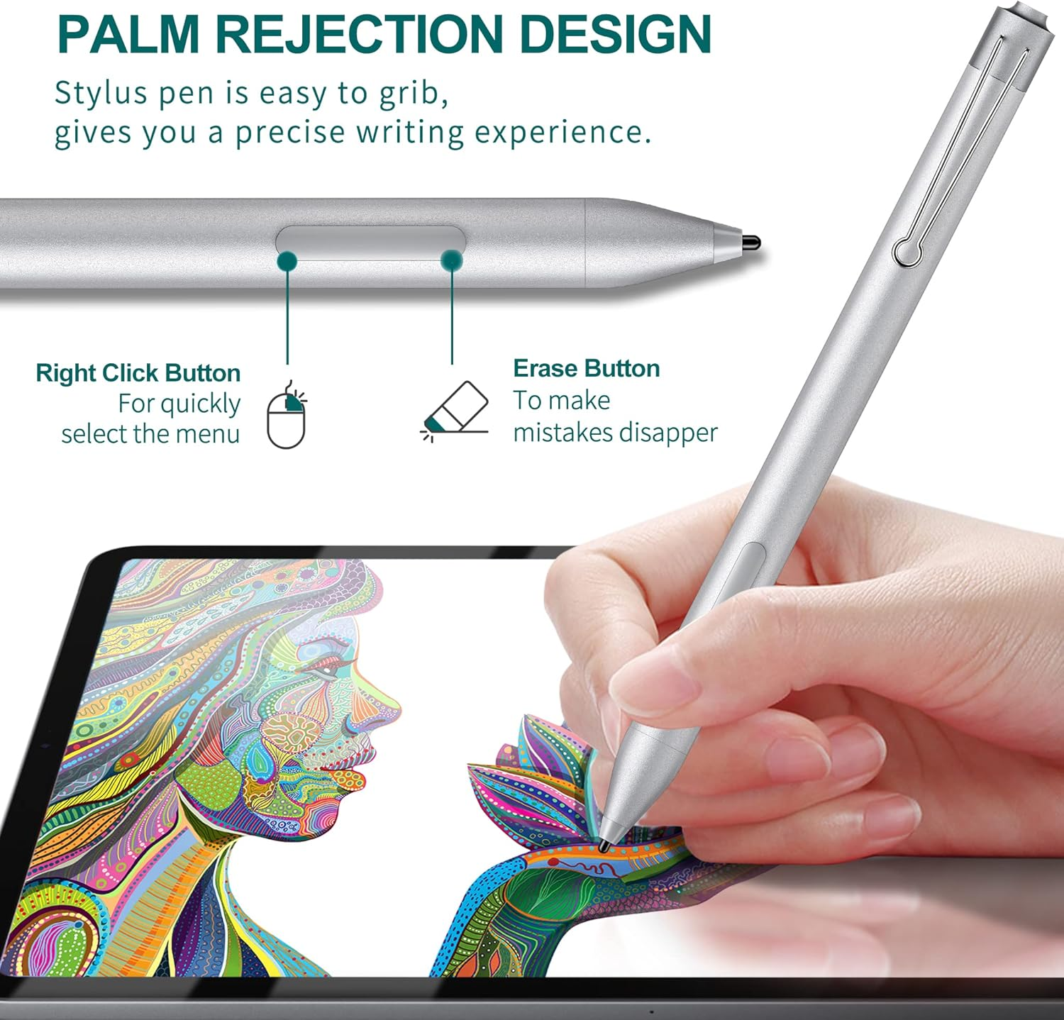 Silberner Stylus auf einem Tablet, das bunte Kunst zeigt.