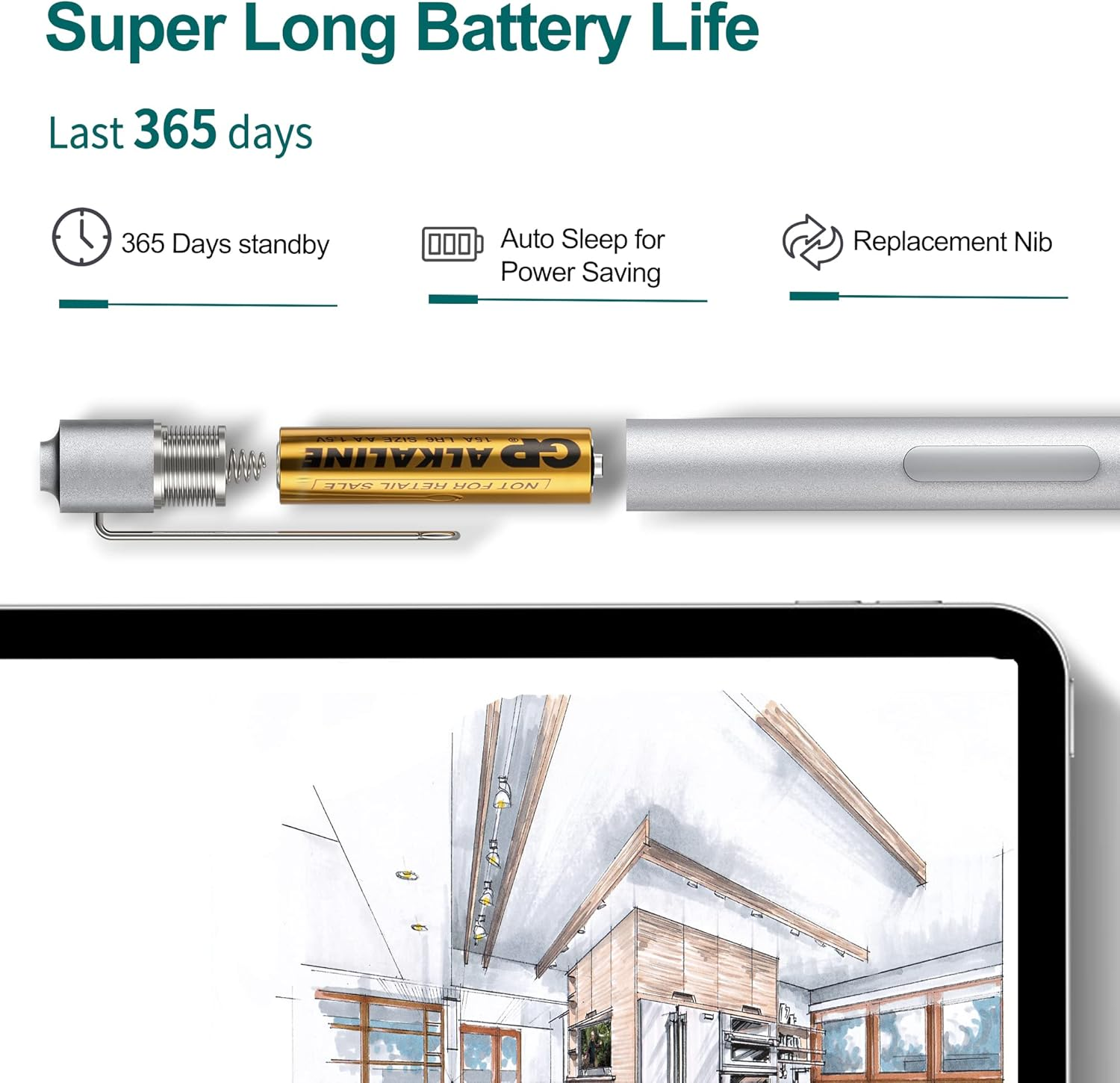 Stift mit AA-Batterie. Merkmale: 365 Tage Standby, Auto-Sleep, Ersatzspitze.
