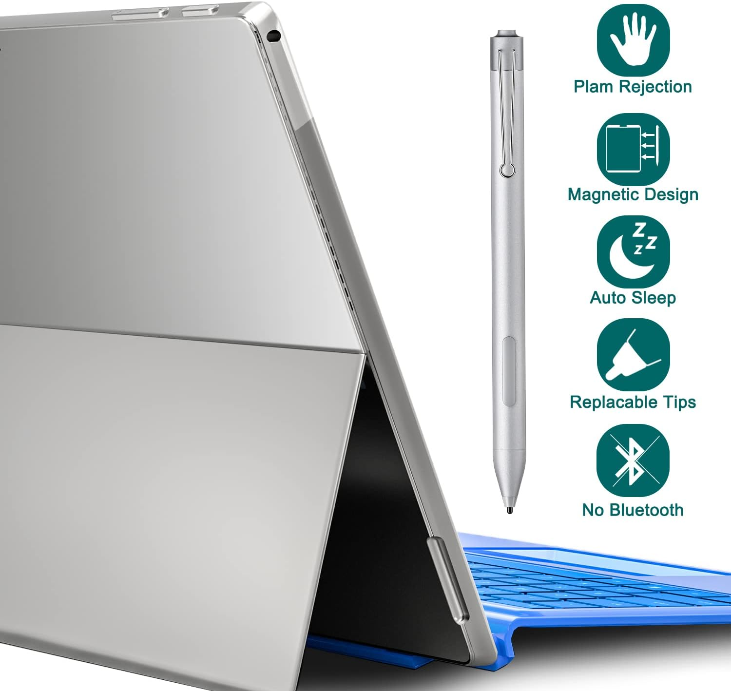 Silberner Stift mit Funktionen: Handballenerkennung, Magnetdesign, Auto-Sleep, austauschbare Spitzen, kein Bluetooth.