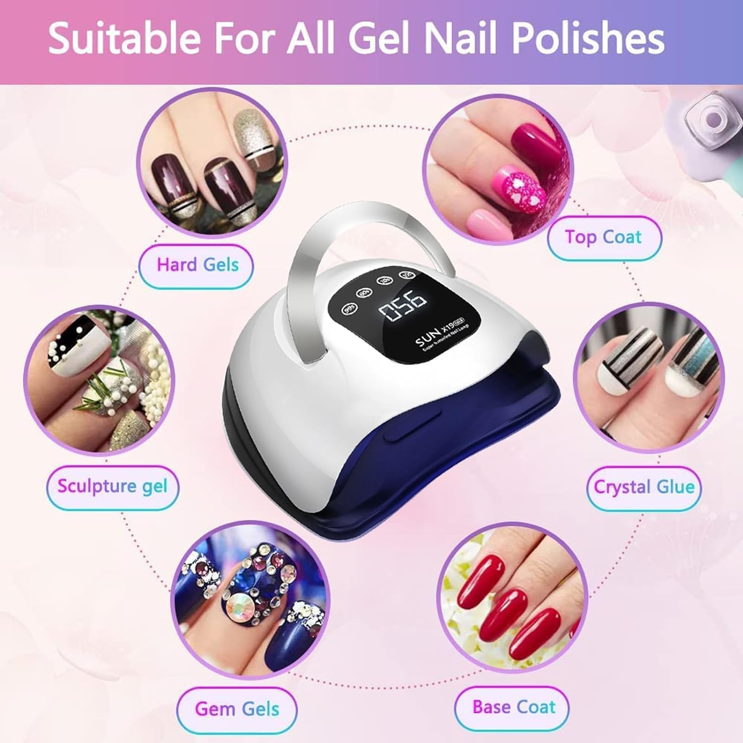 Nagellampen-Display mit Beispielen für Gel-Nägel und Beschriftungen wie 'Hard Gels'.