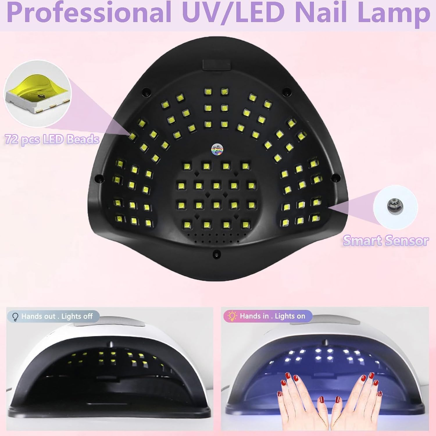 Professionelle UV/LED-Nagellampe mit 72 LEDs, zeigt Hände mit Lichtern aus und an.