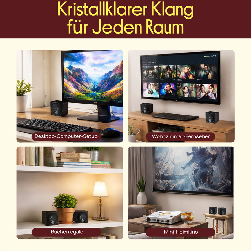 Vier Szenen zeigen Lautsprecher-Setups: Desktop, TV, Regal und Heimkino.