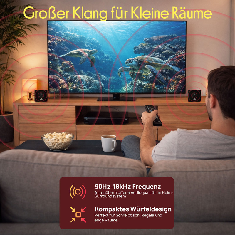 Person auf Couch schaut TV, kleine Lautsprecher auf Sideboard, Popcorn & Kaffee auf Tisch.