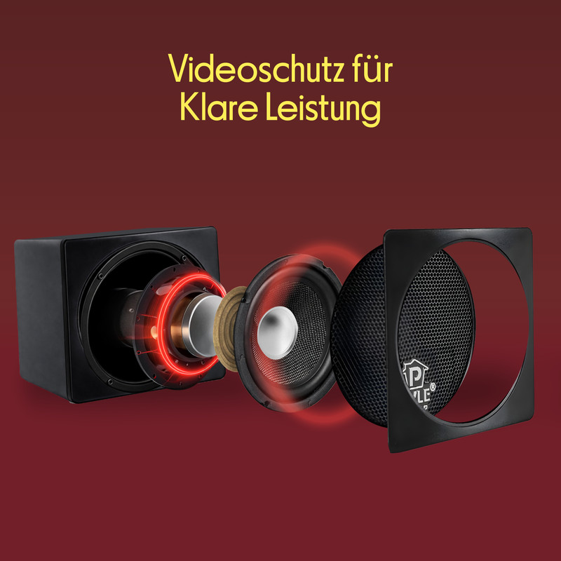 Explodierte Ansicht eines schwarzen Lautsprechers mit roten Ringen, die Vibrationen anzeigen.