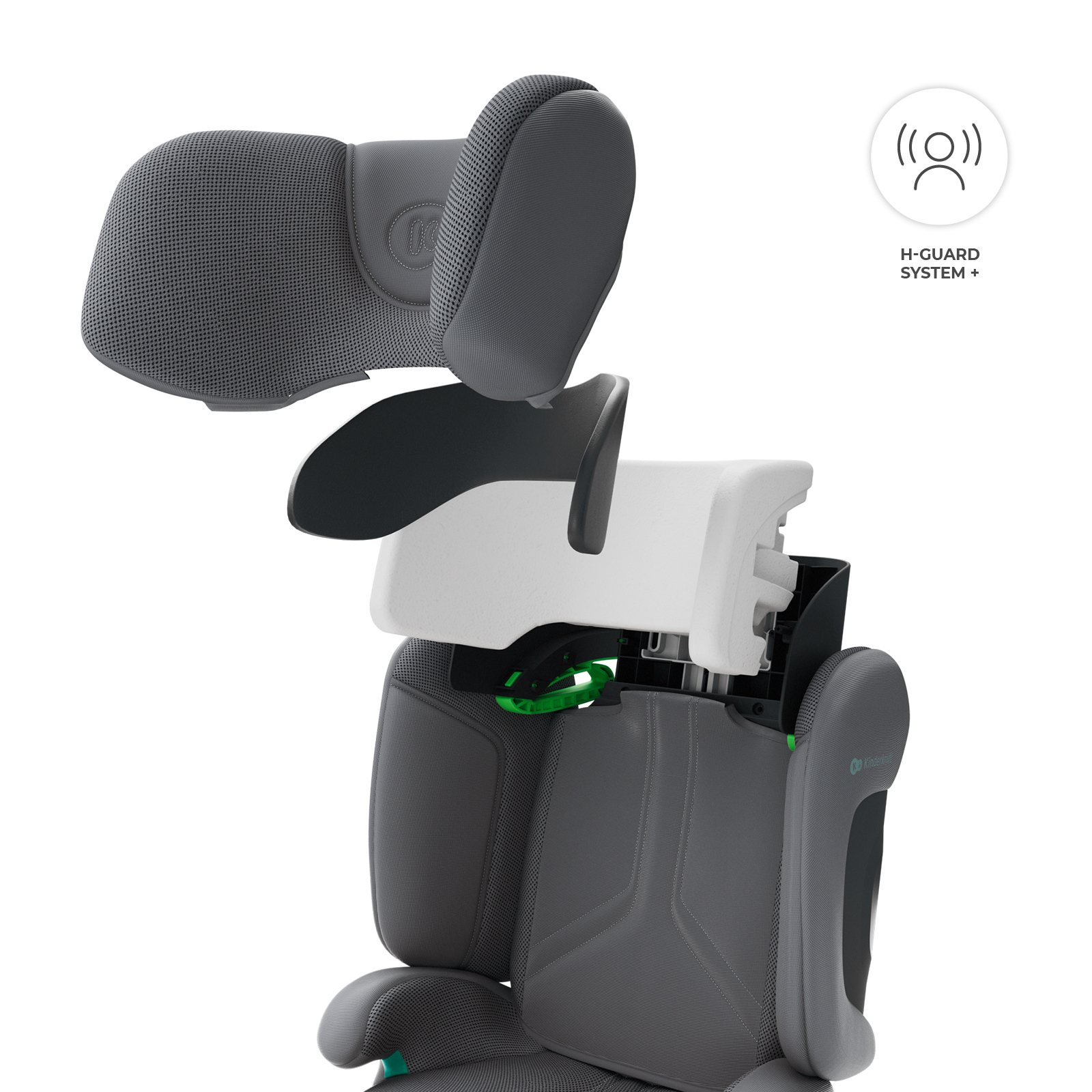 Grauer Kindersitz mit abnehmbarem Kopfpolster und H-Guard System.