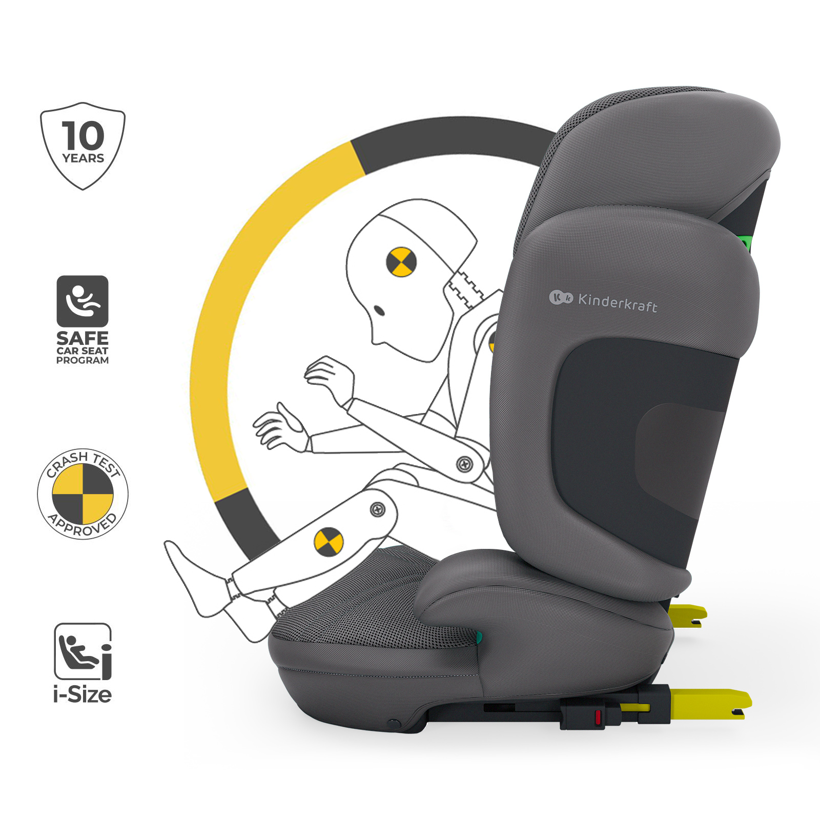 Grauer Kindersitz mit Crashtest-Symbolen und Aufschriften.