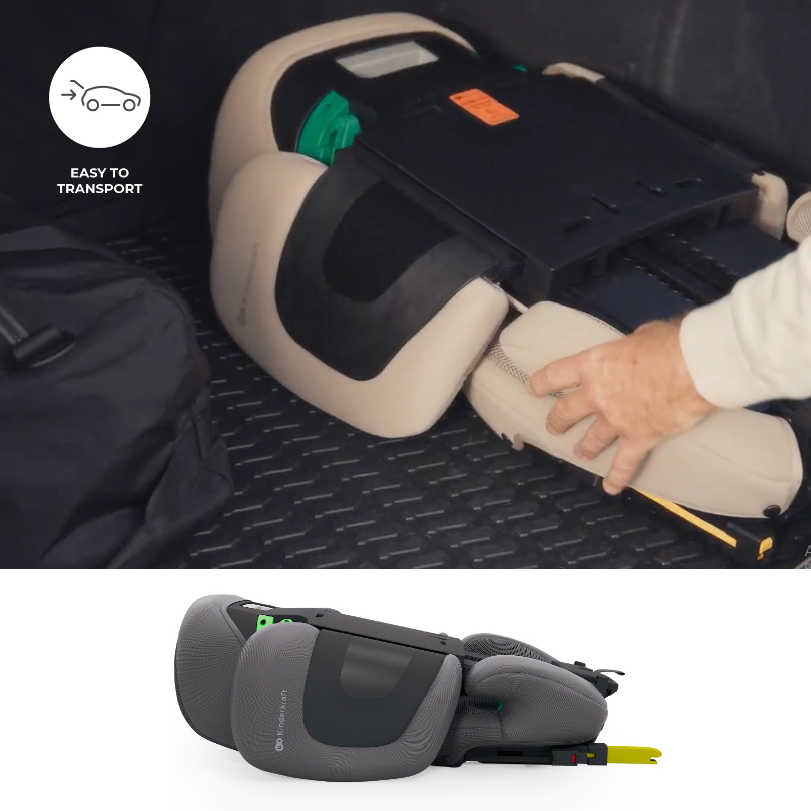 Ein Mann packt einen beigefarbenen Kindersitz in ein Auto.