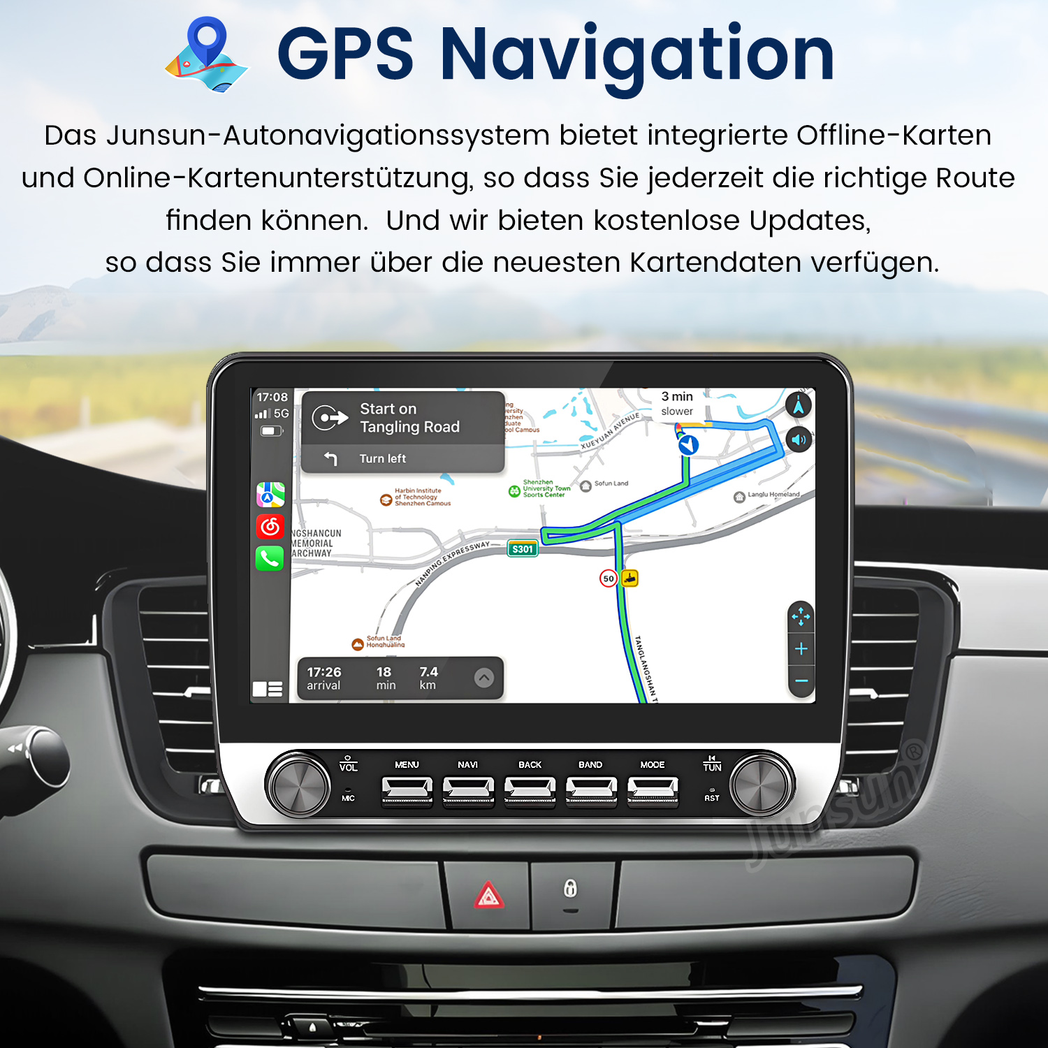 Ein Auto-Navigationssystem mit Karte zeigt Route, Verkehr und Ankunftszeit.