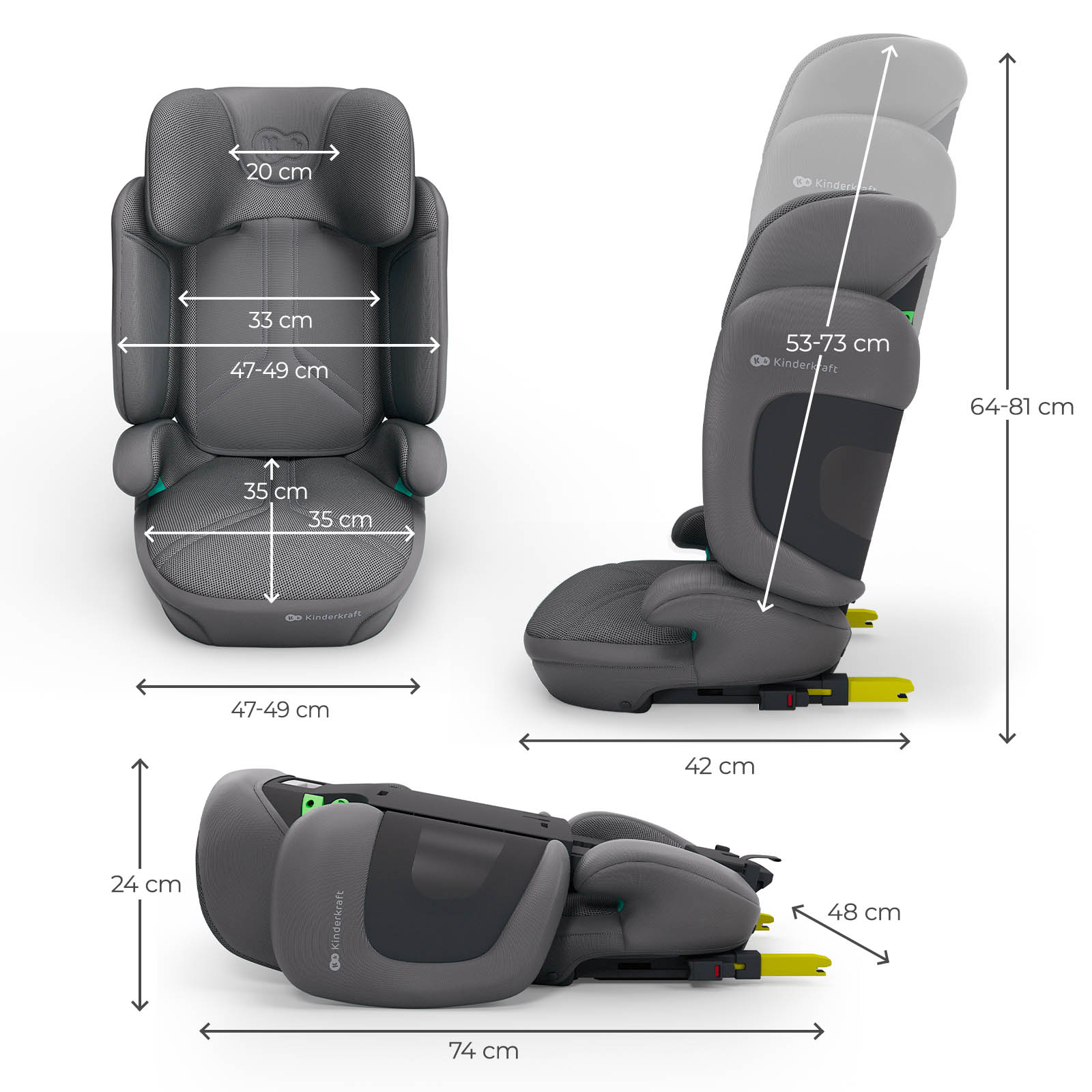 Silla de coche gris con dimensiones: 20, 33, 47-49, 35, 53-73, 64-81, 42, 48, 24, 74 cm.
