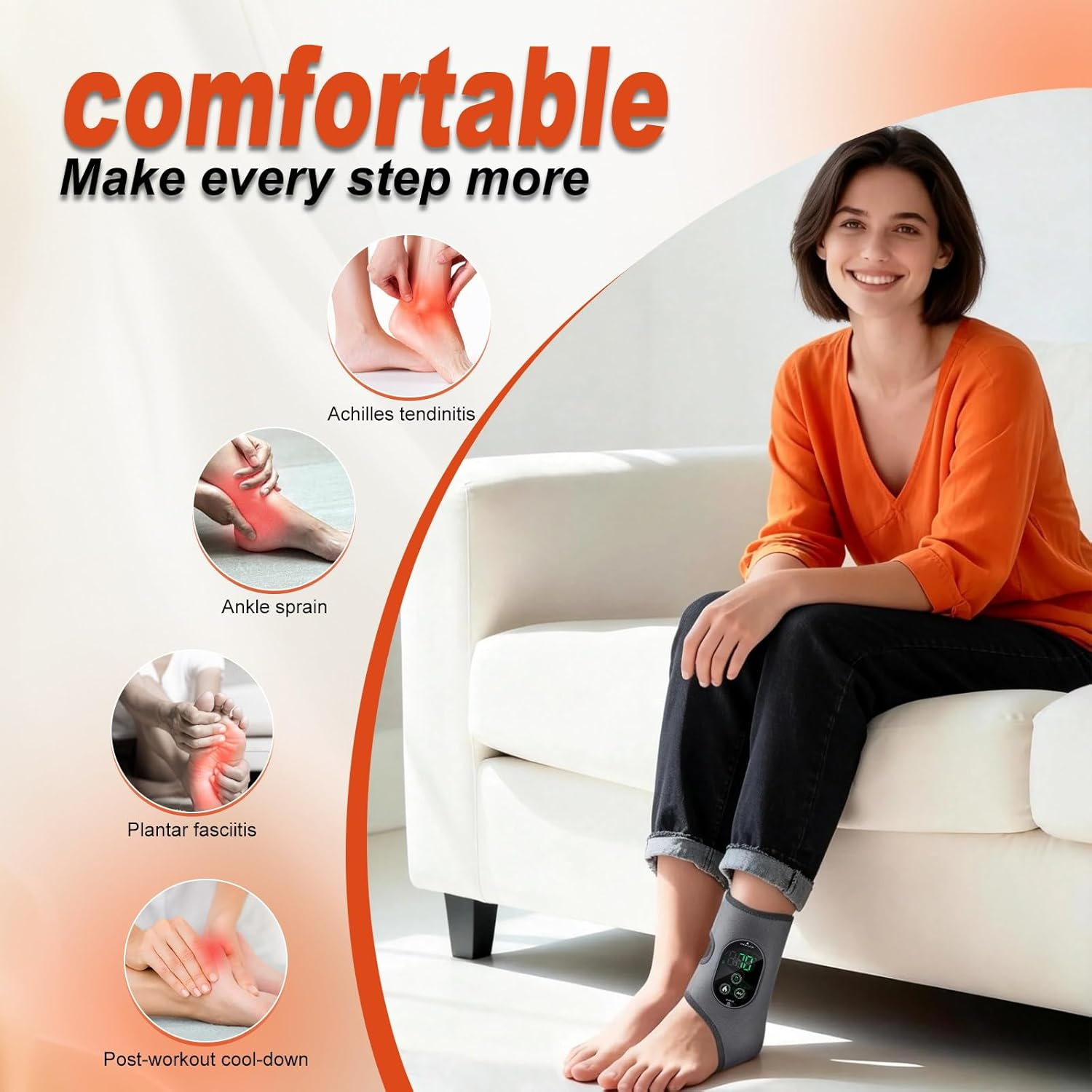 Frau in orangefarbenem Hemd sitzt auf Sofa mit Knöchelbandage. Bilder zeigen Achillessehnenentzündung, Knöchelverstauchung, Plantarfasziitis.
