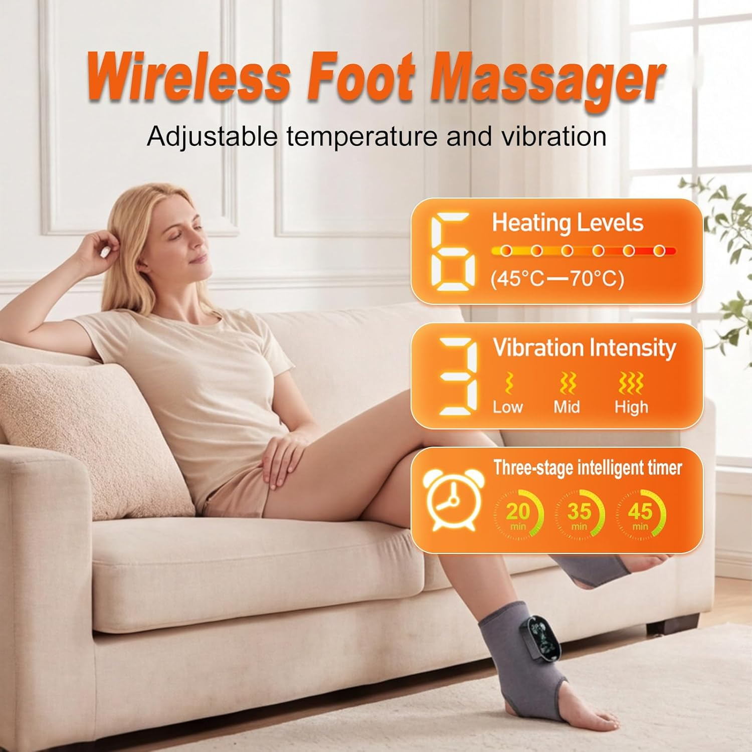 Frau mit Fußmassagegerät: Heizstufen, Vibrationsintensität, Timer. Verstellbar.